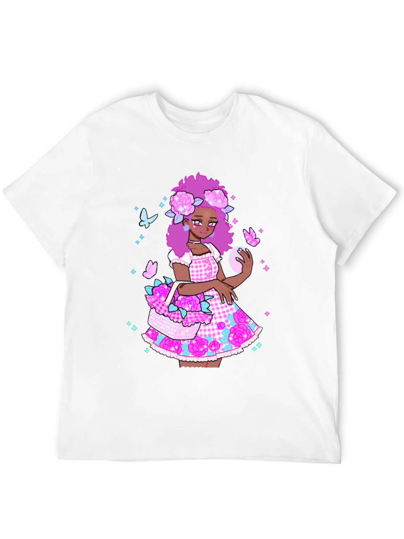 Floral Anime Girl Graphic Black T-Shirt