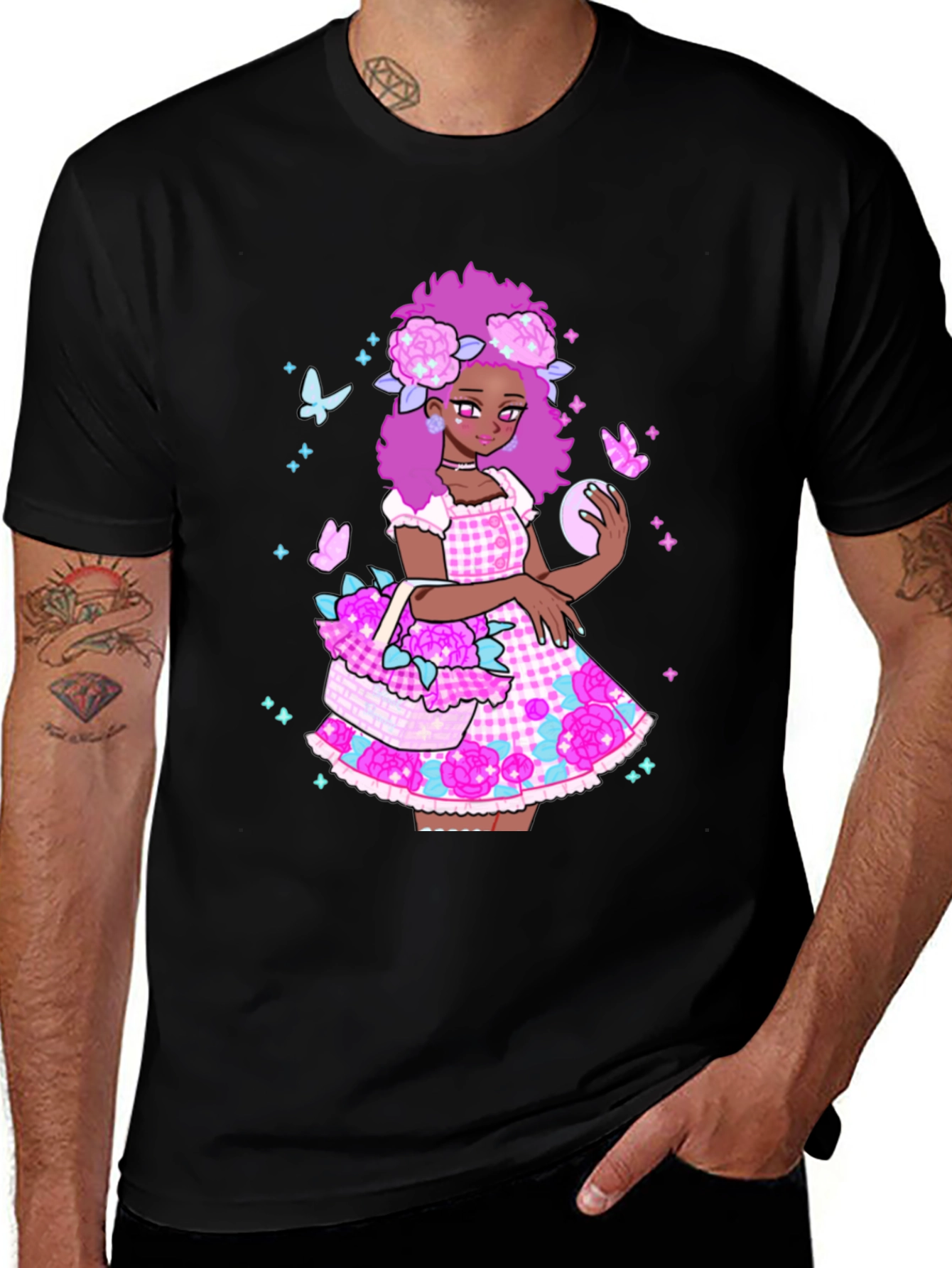 Floral Anime Girl Graphic Black T-Shirt