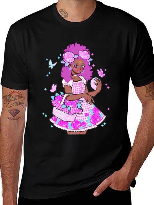Floral Anime Girl Graphic Black T-Shirt