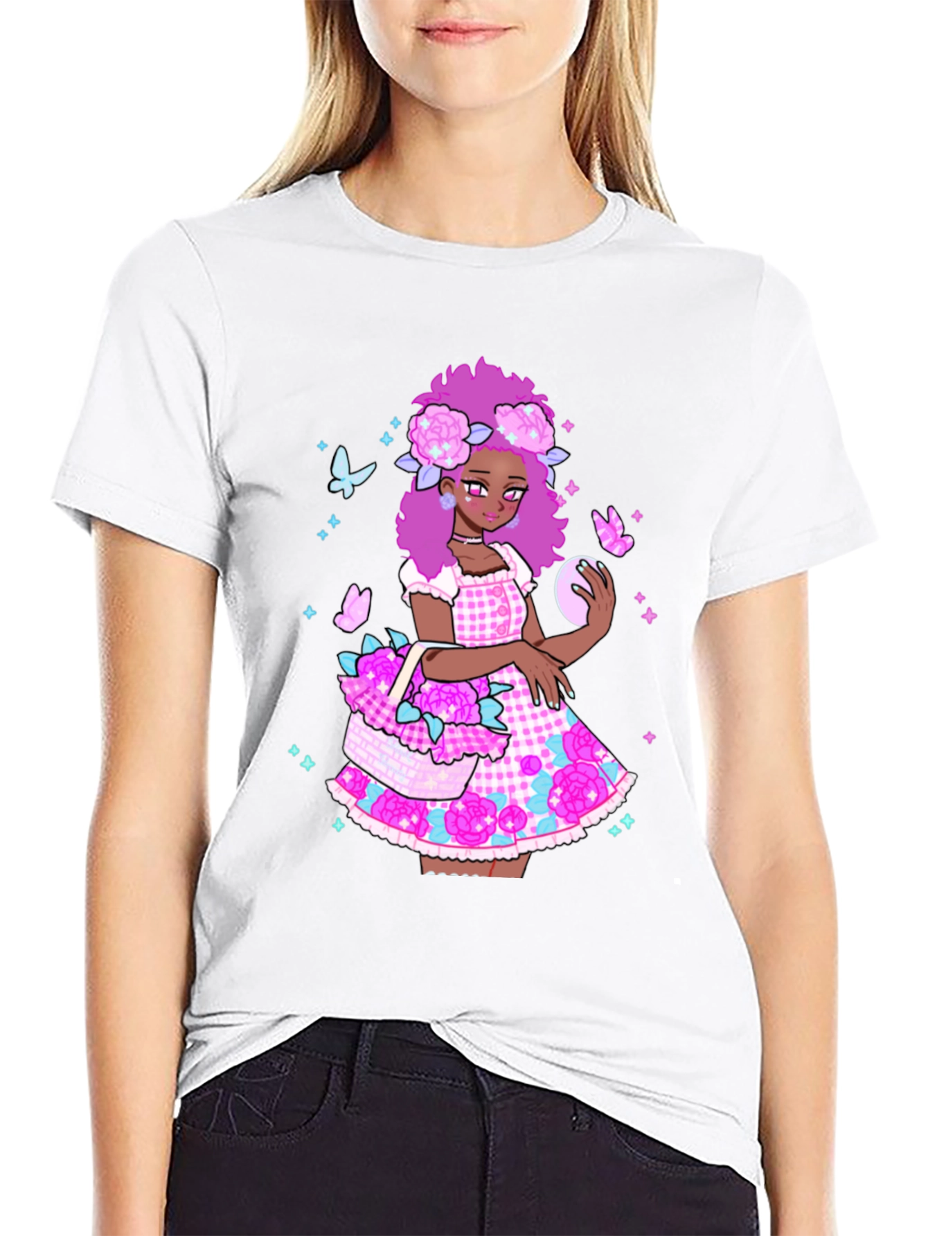Floral Anime Girl Graphic Black T-Shirt