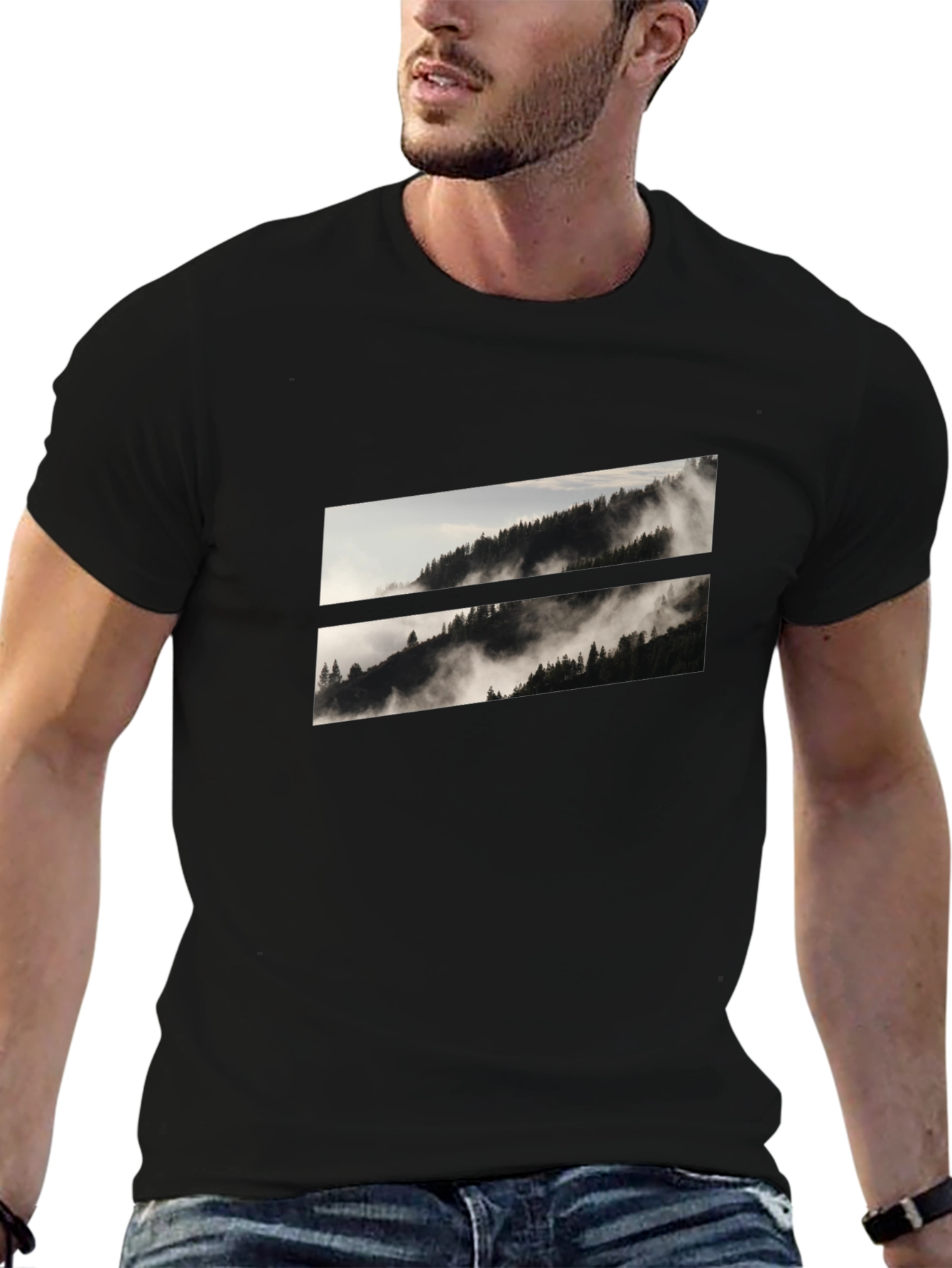 Mens Black T-Shirt with Mountain Scene Graphic