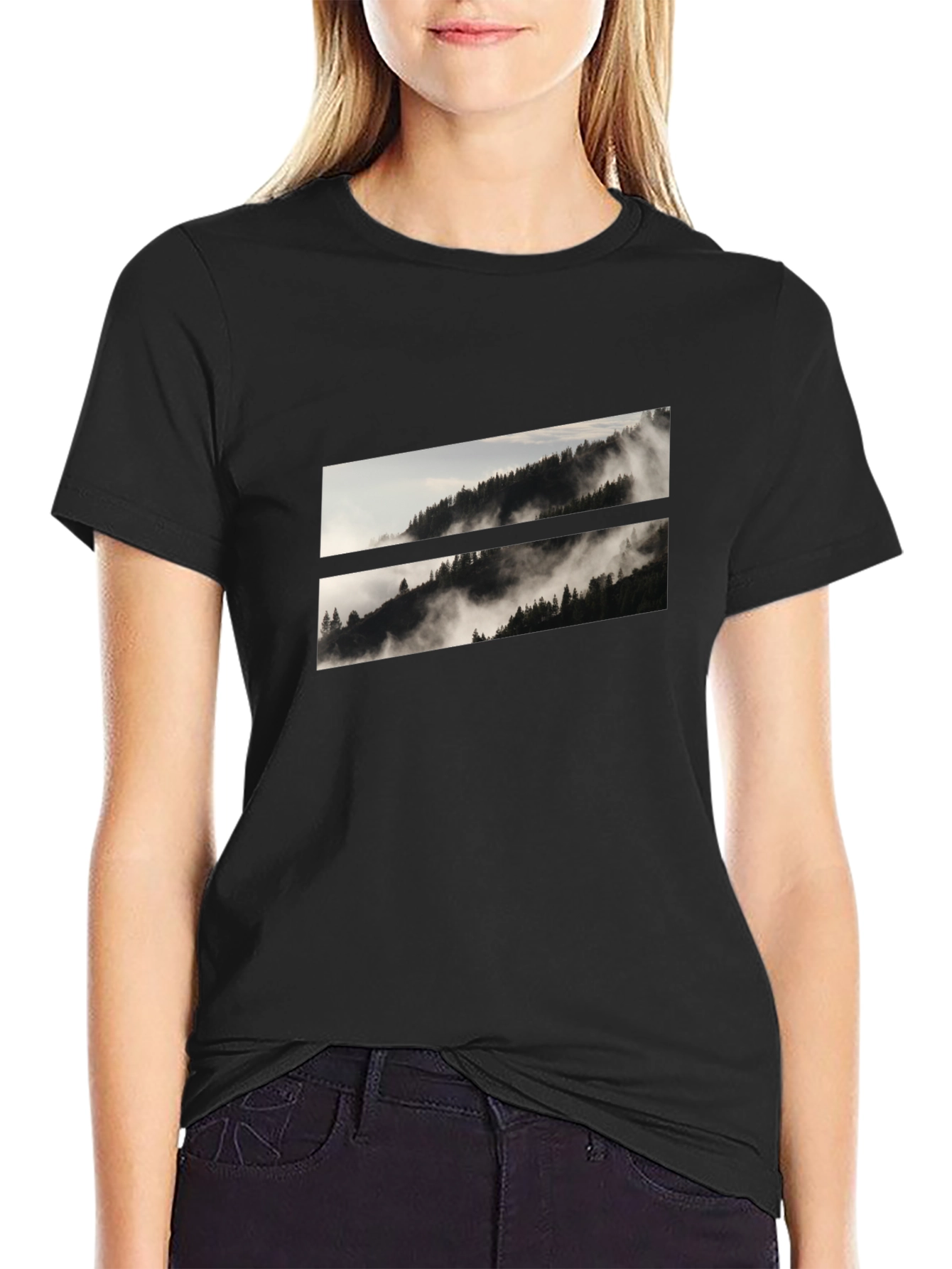 Mens Black T-Shirt with Mountain Scene Graphic