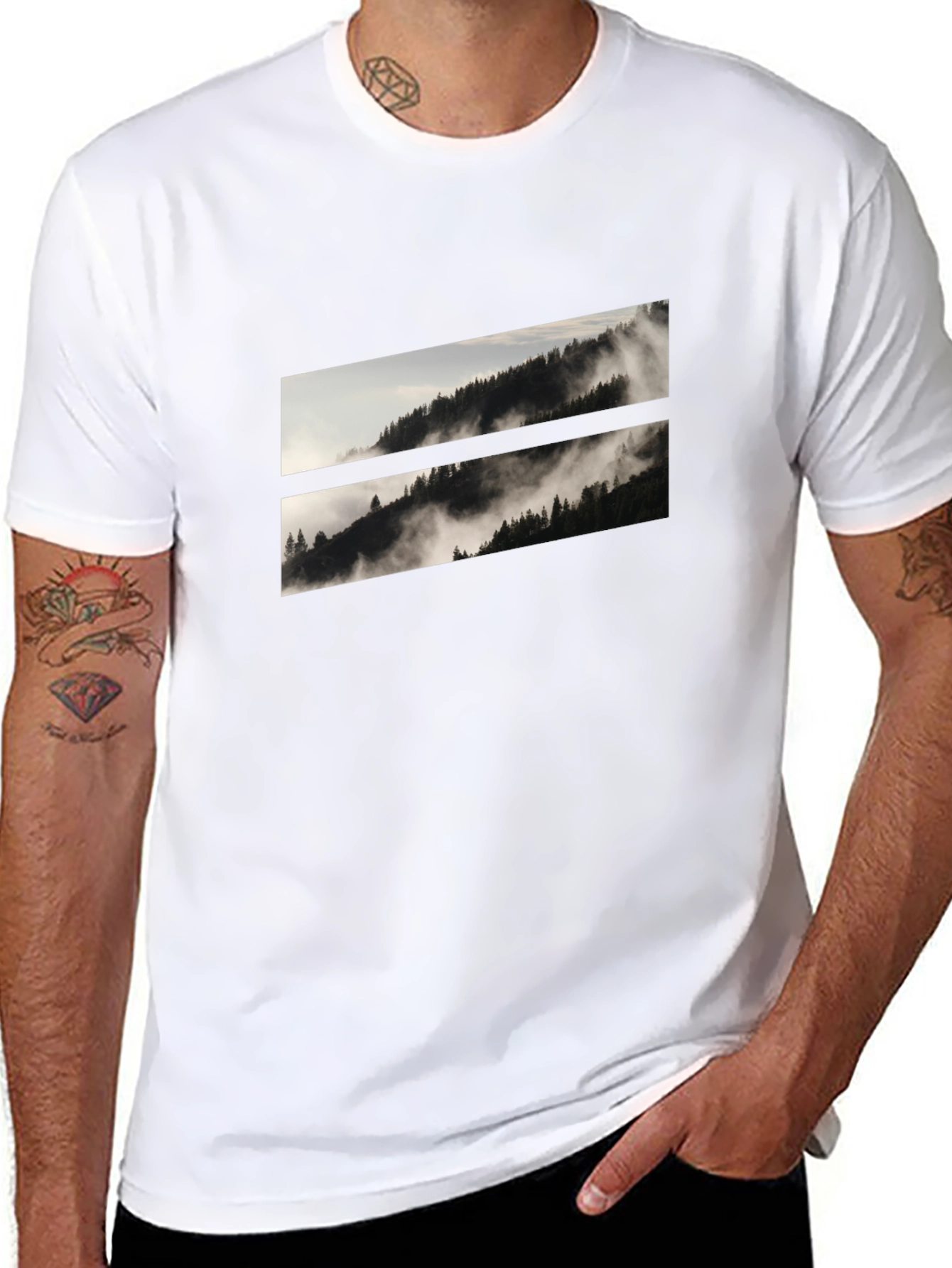 Mens Black T-Shirt with Mountain Scene Graphic