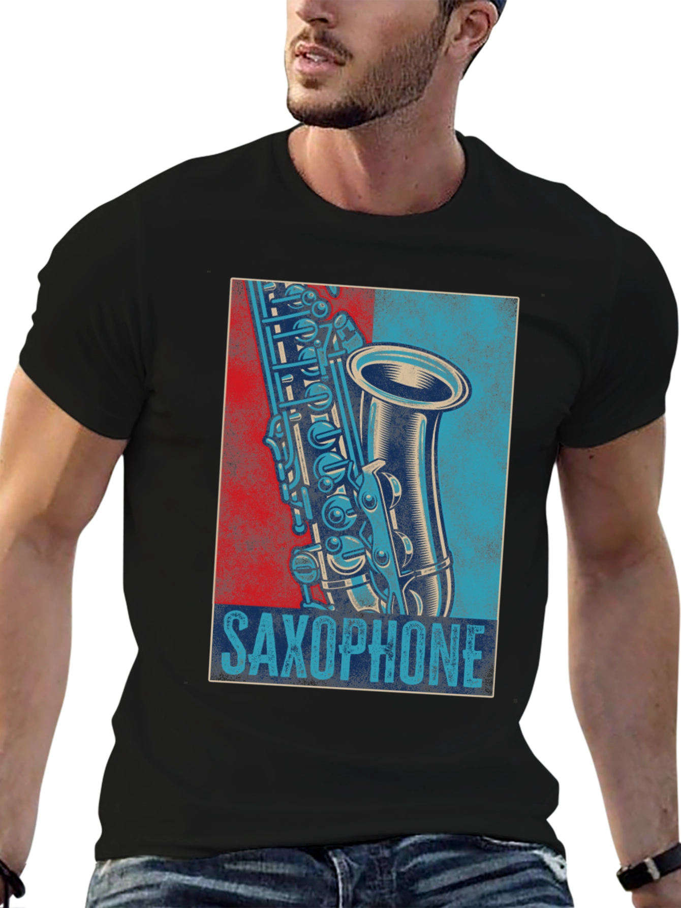 Saxophone Graphic Print Mens Black T-Shirt