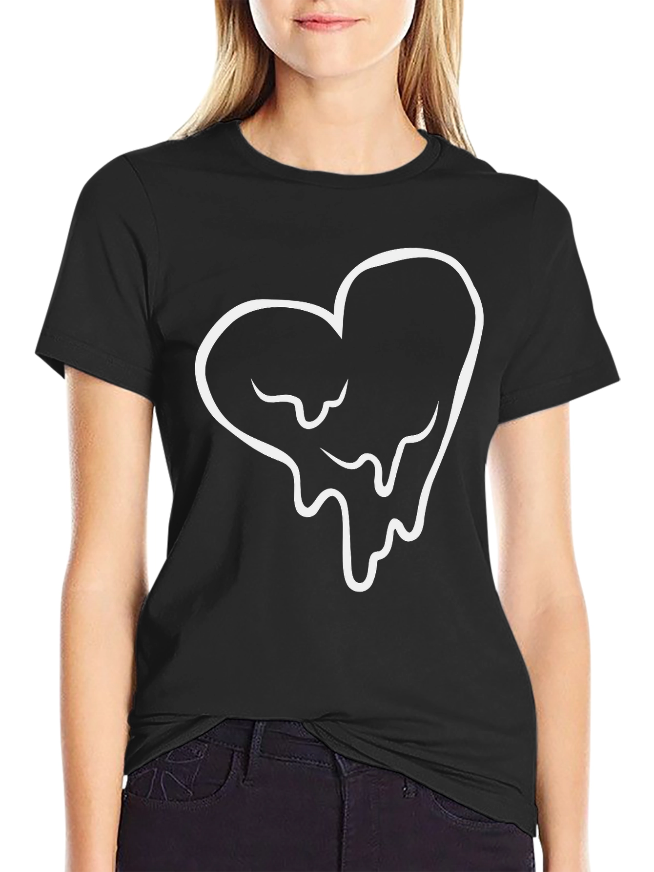 Melting Heart Graphic Tee - Black Cotton Casual