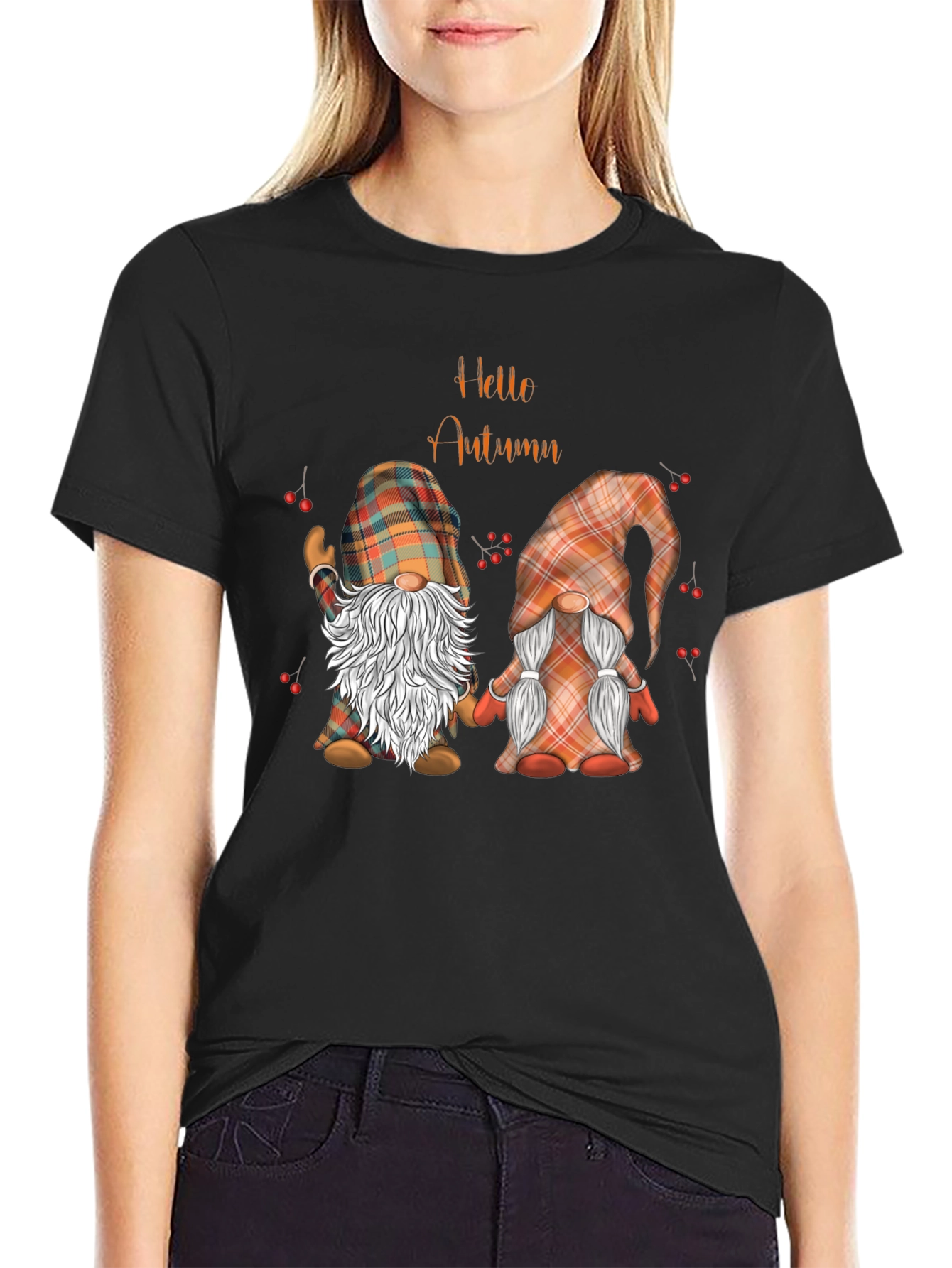 Hello Autumn Gnomes Black T-Shirt