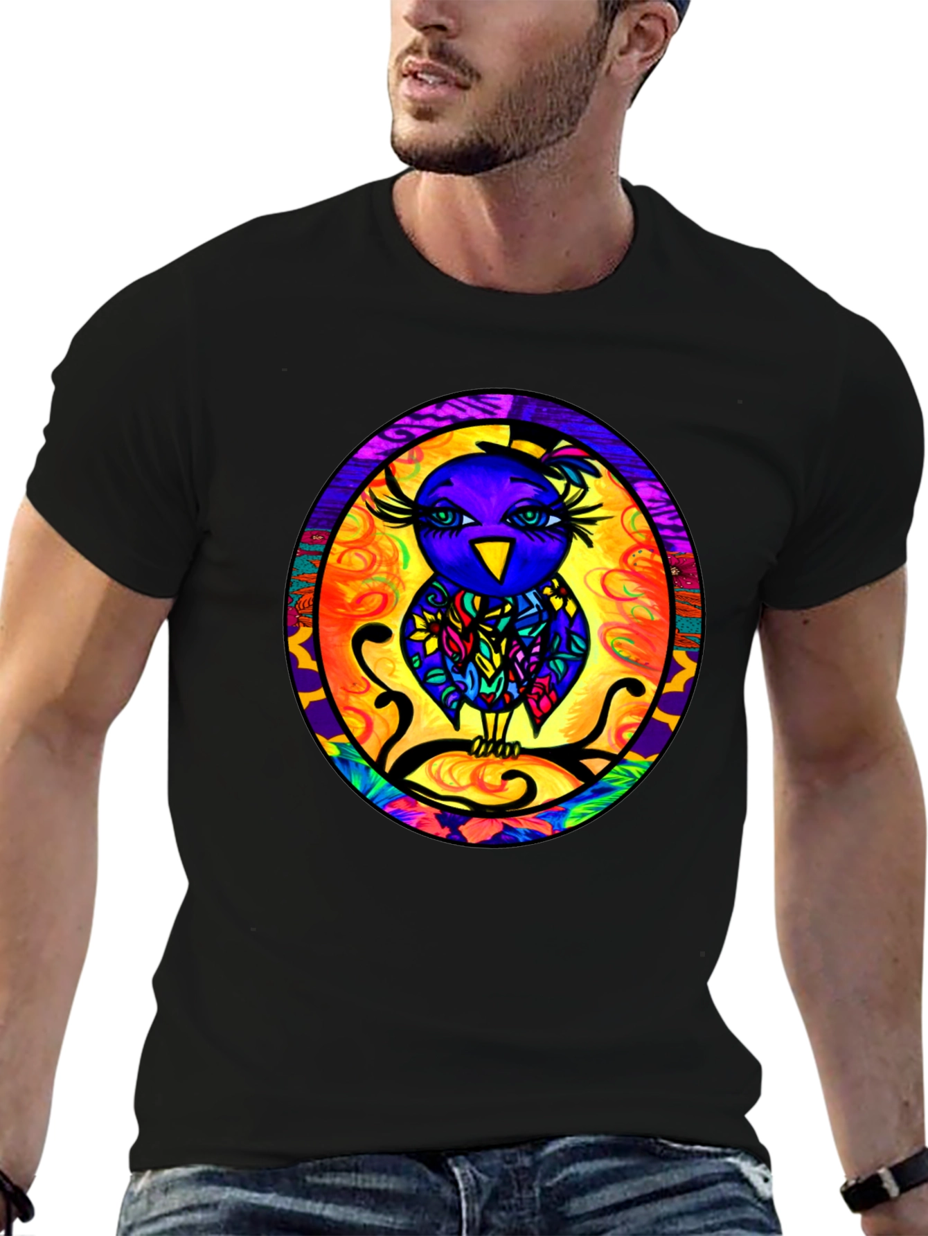 Vibrant Owl Graphic Tee - Mens Black T-Shirt