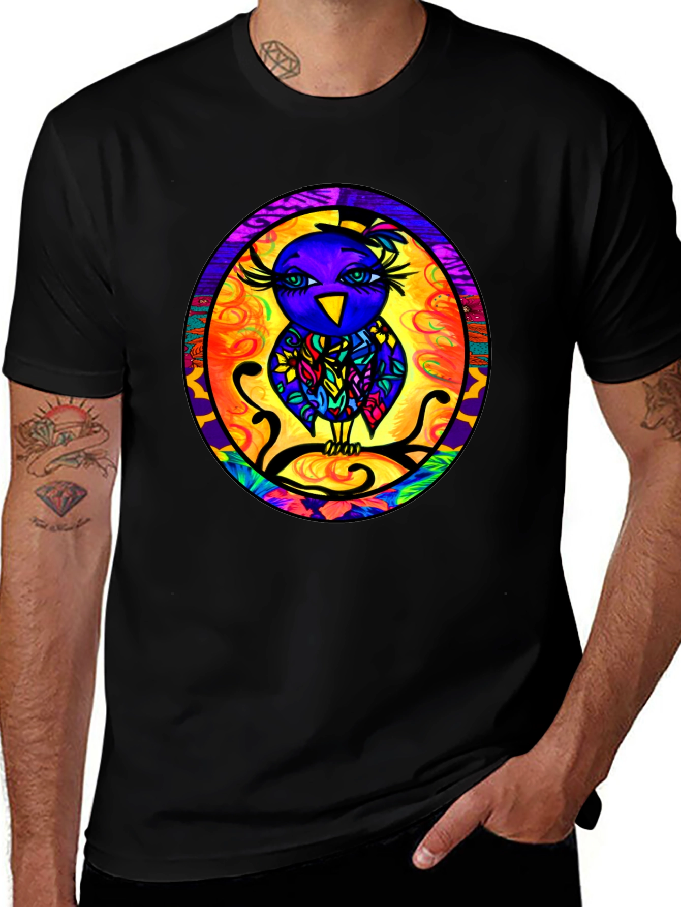 Vibrant Owl Graphic Tee - Mens Black T-Shirt