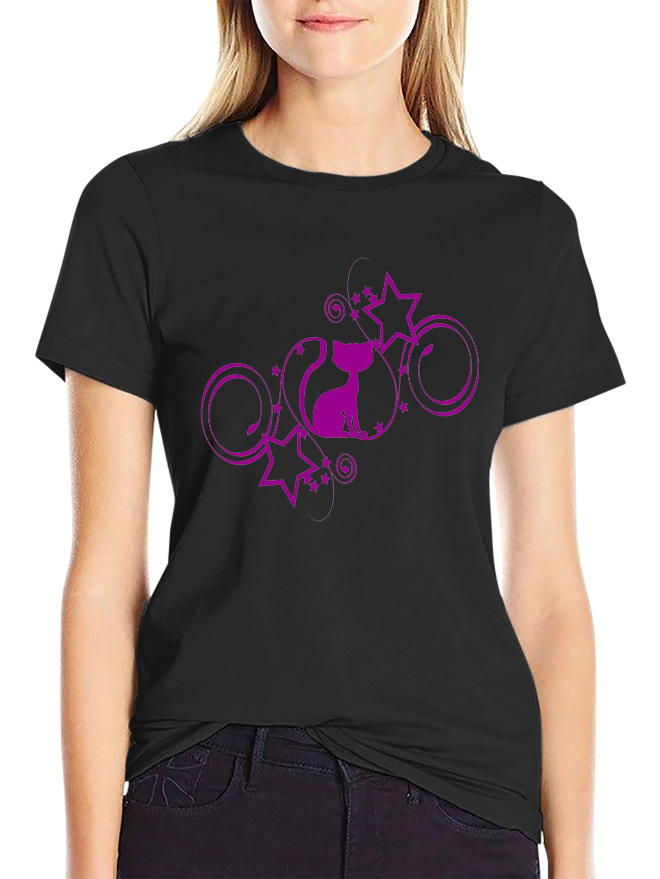 Stylish Black T-Shirt with Purple Cat and Stars Design