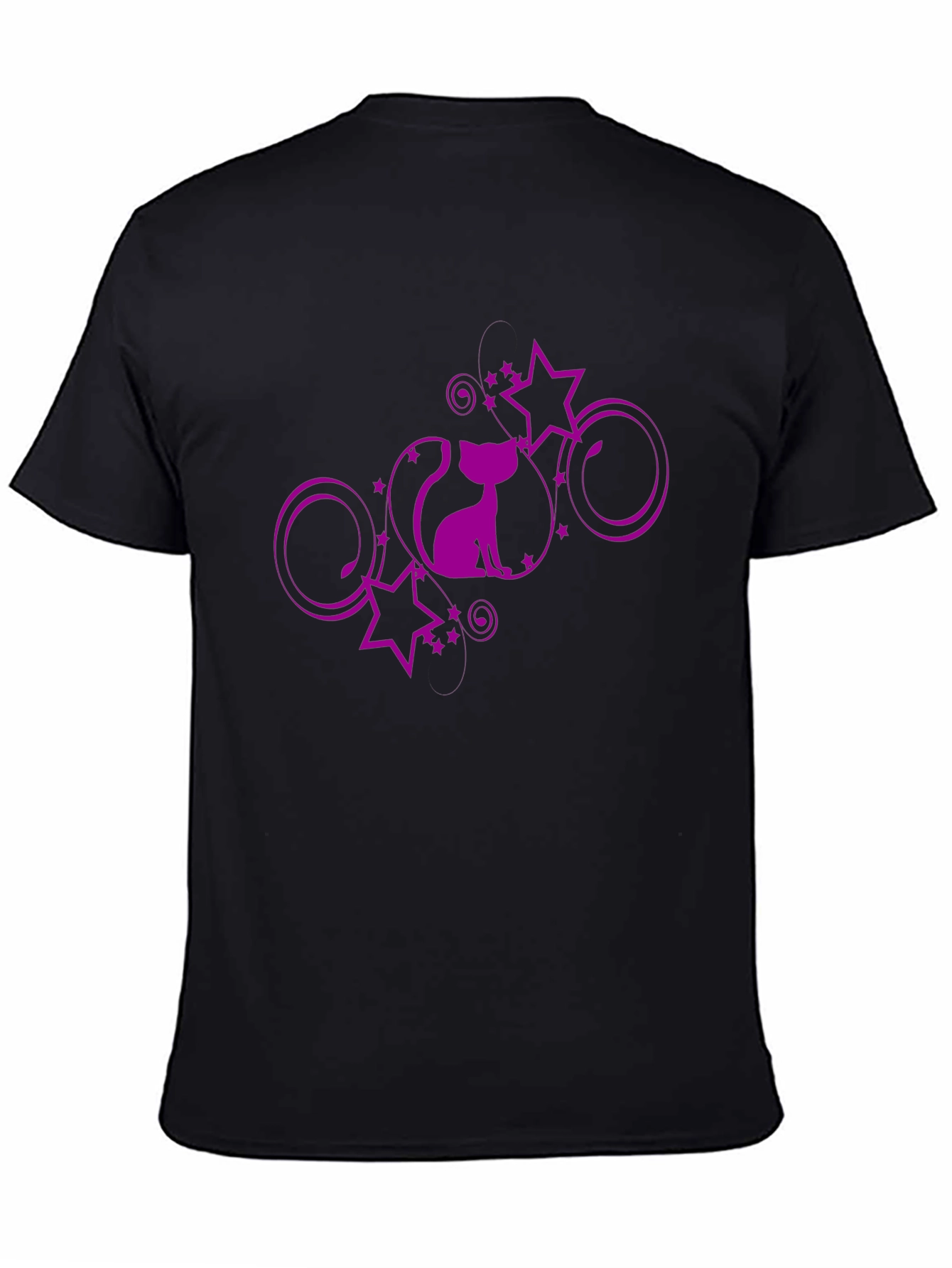 Stylish Black T-Shirt with Purple Cat and Stars Design