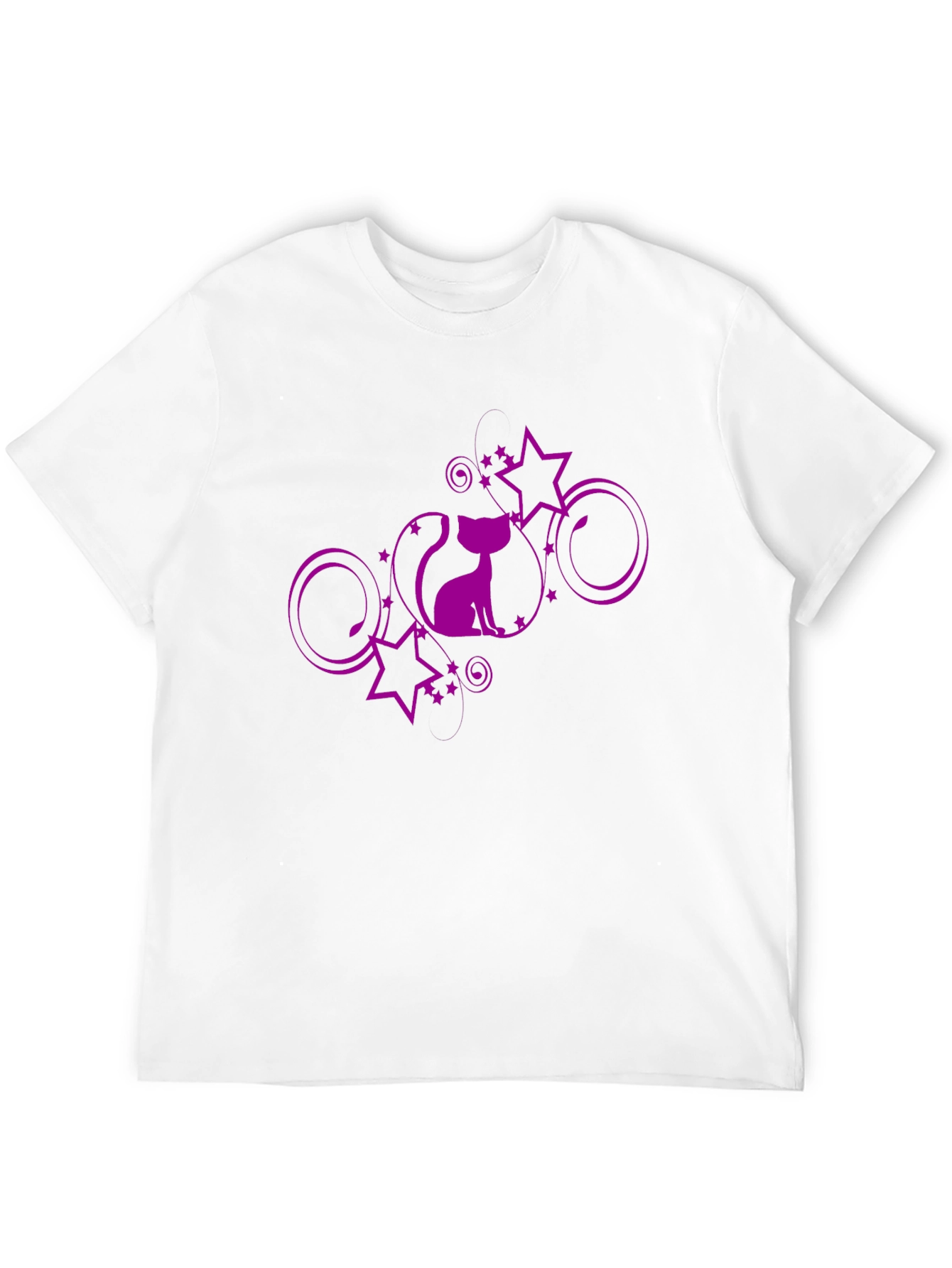 Stylish Black T-Shirt with Purple Cat and Stars Design