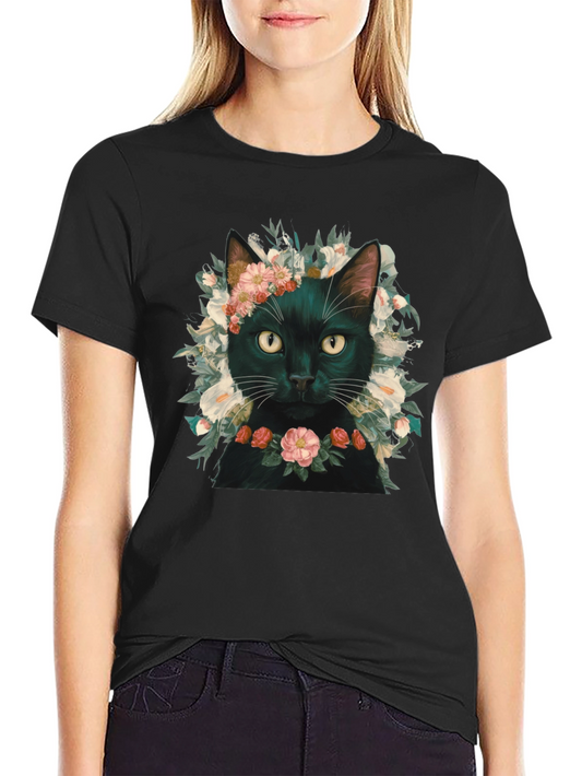 Floral Cat T-Shirt - Black