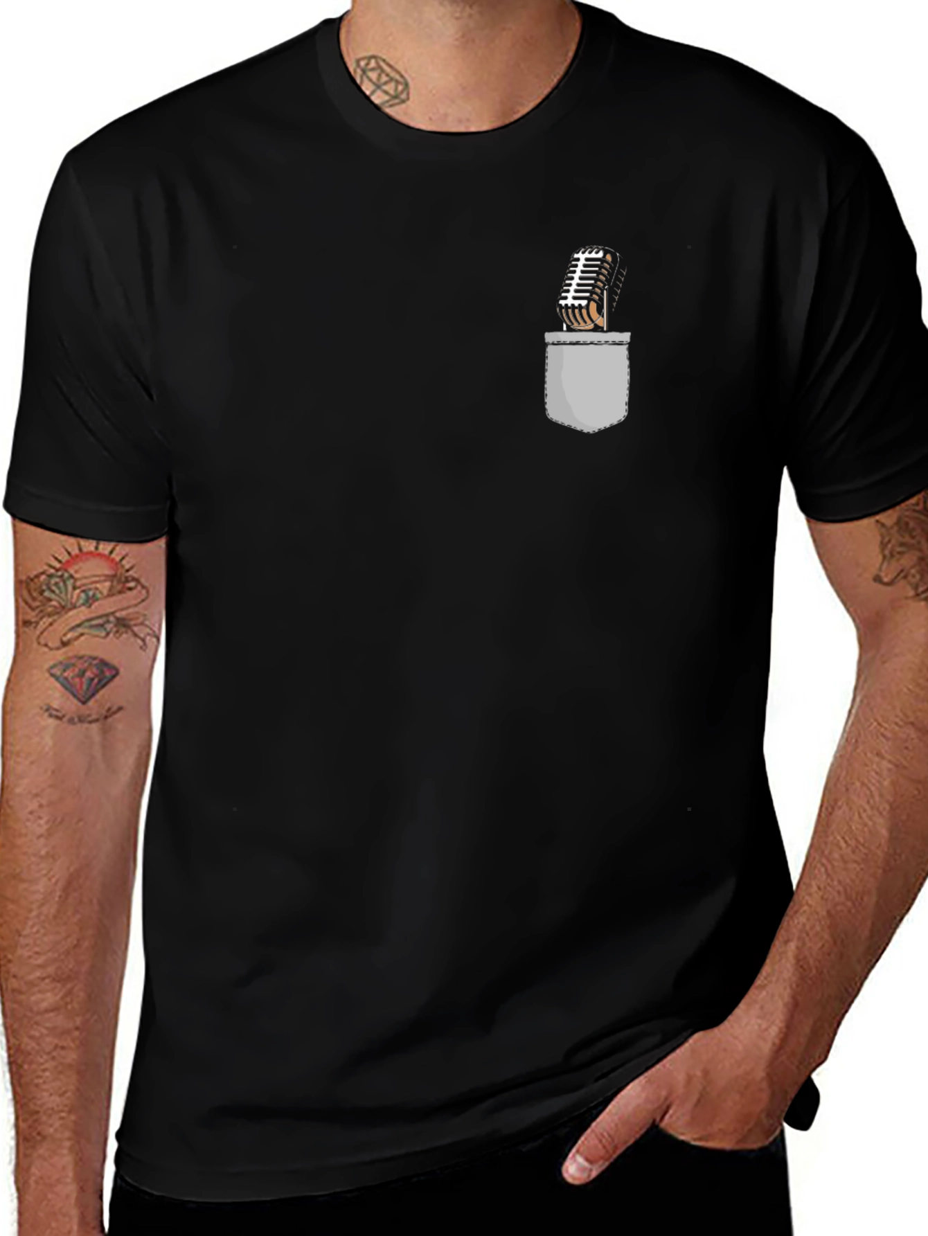 Retro Microphone Pocket Print Black T-Shirt