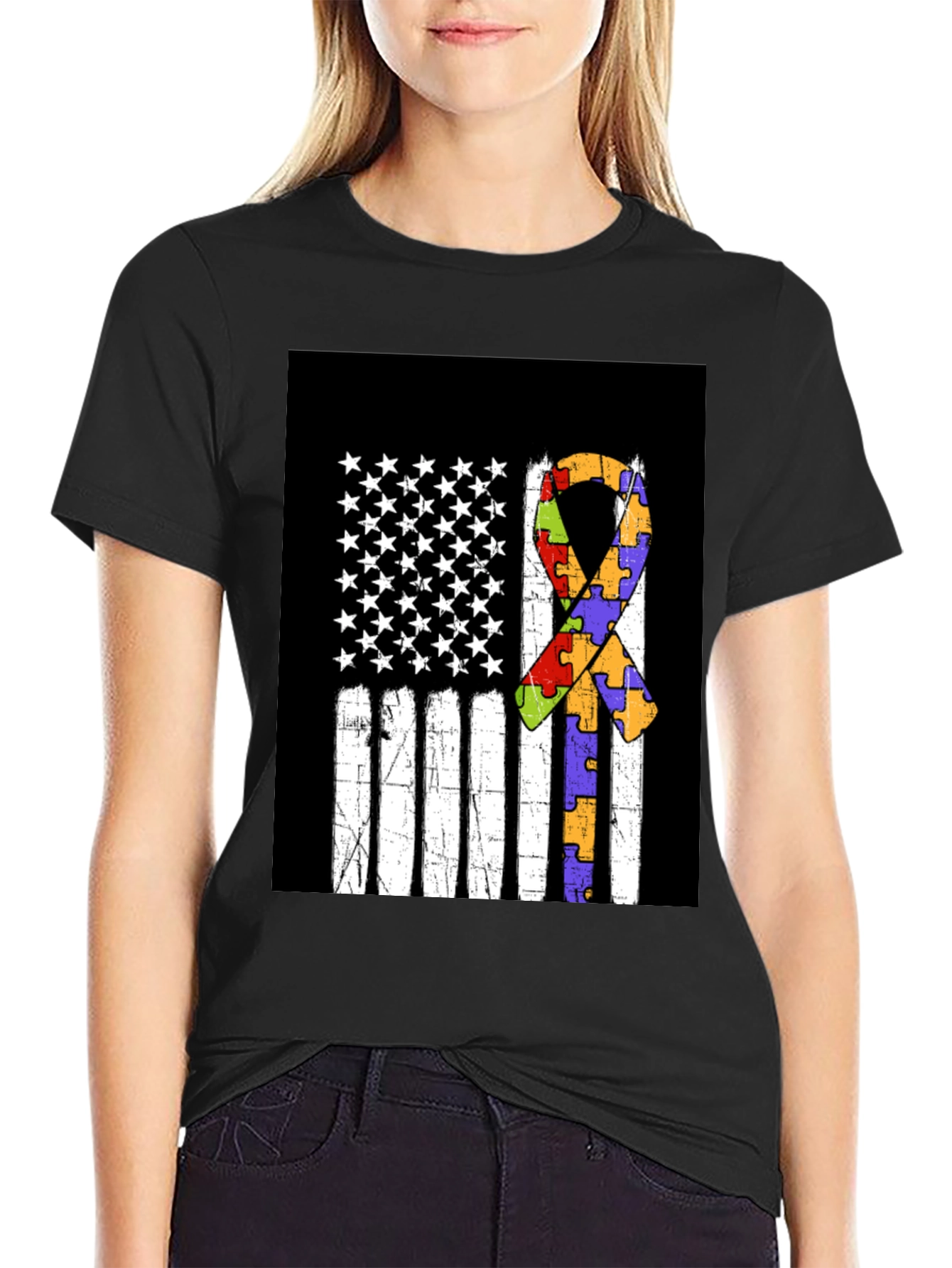 Autism Awareness US Flag Ribbon T-Shirt