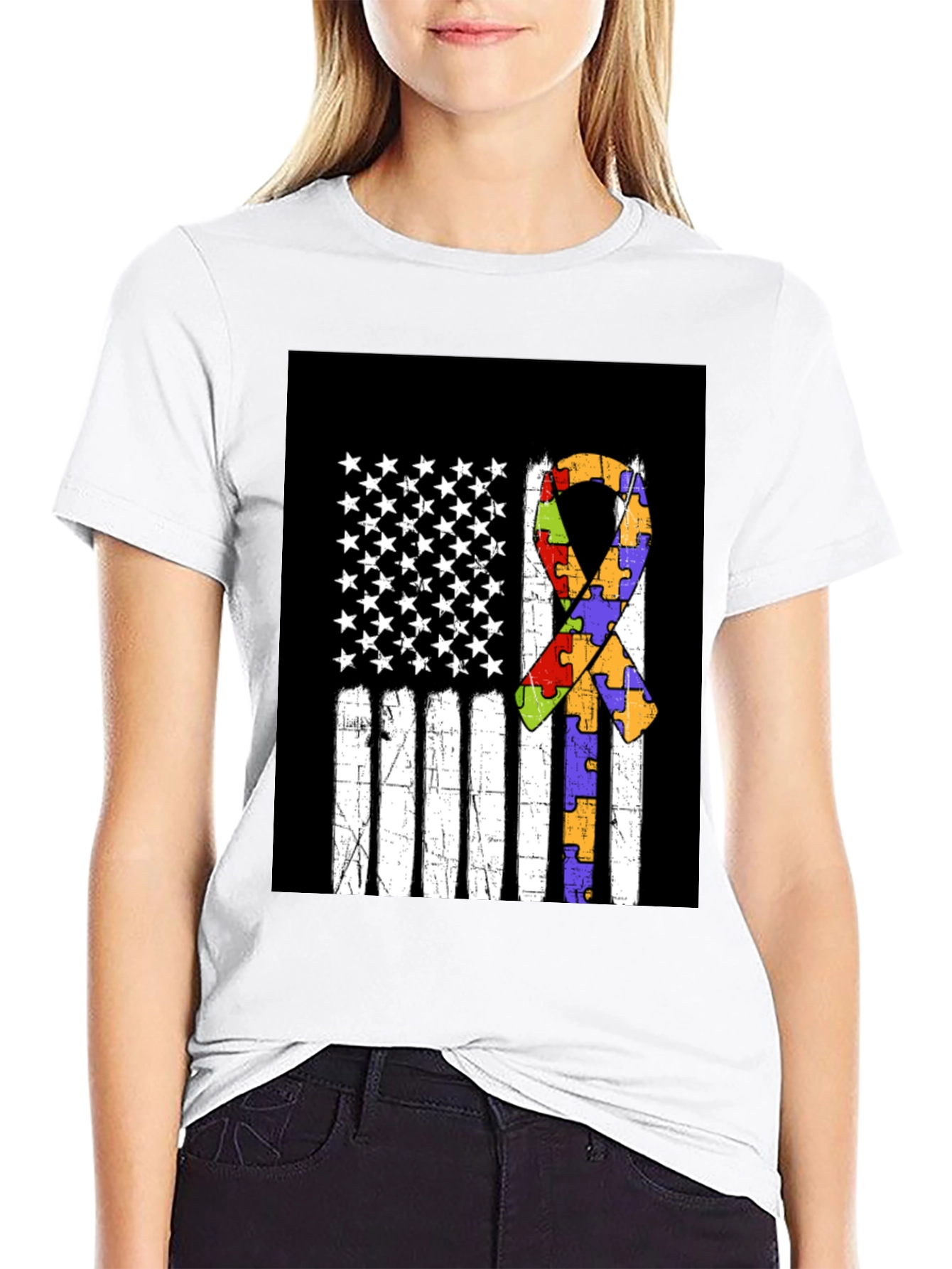 Autism Awareness US Flag Ribbon T-Shirt