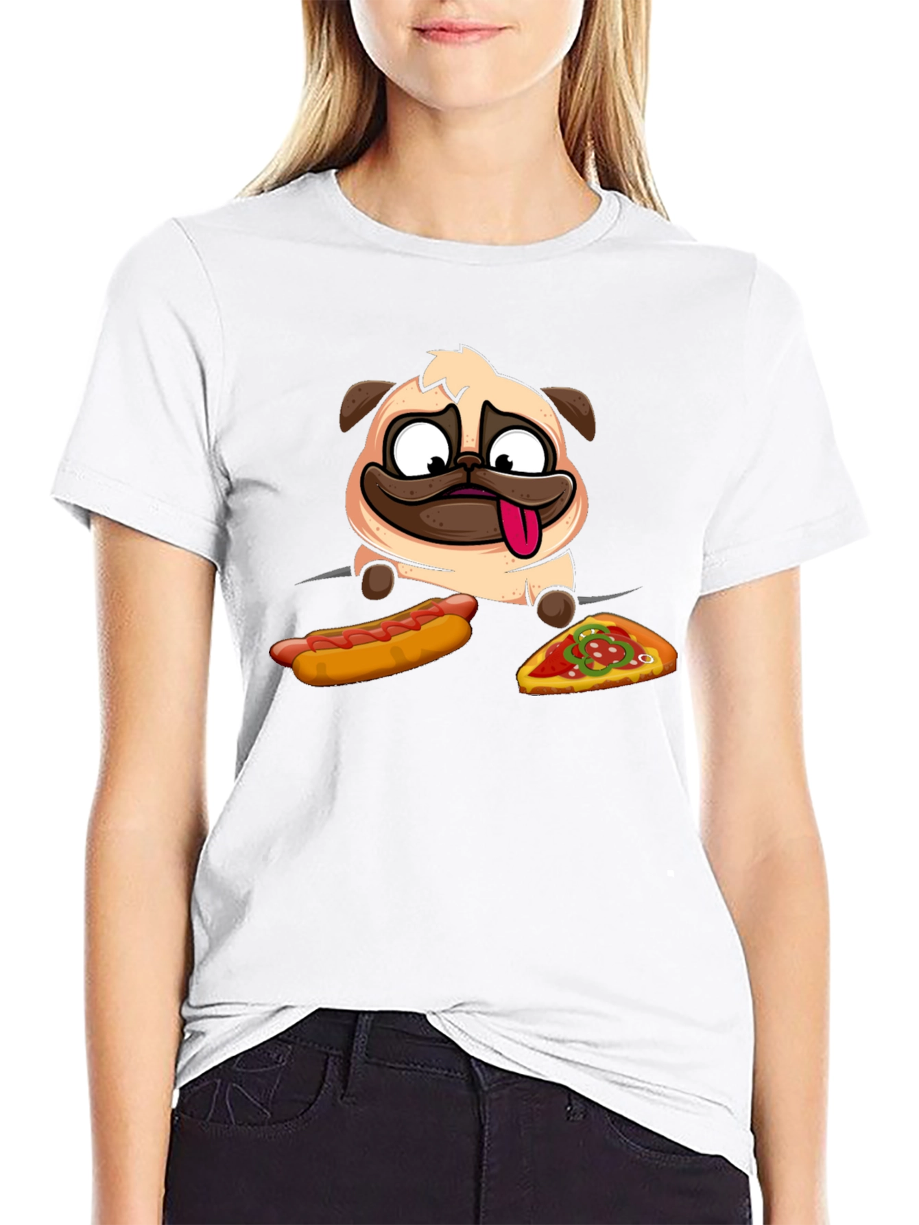 Pug Hotdog & Pizza Black Graphic T-Shirt