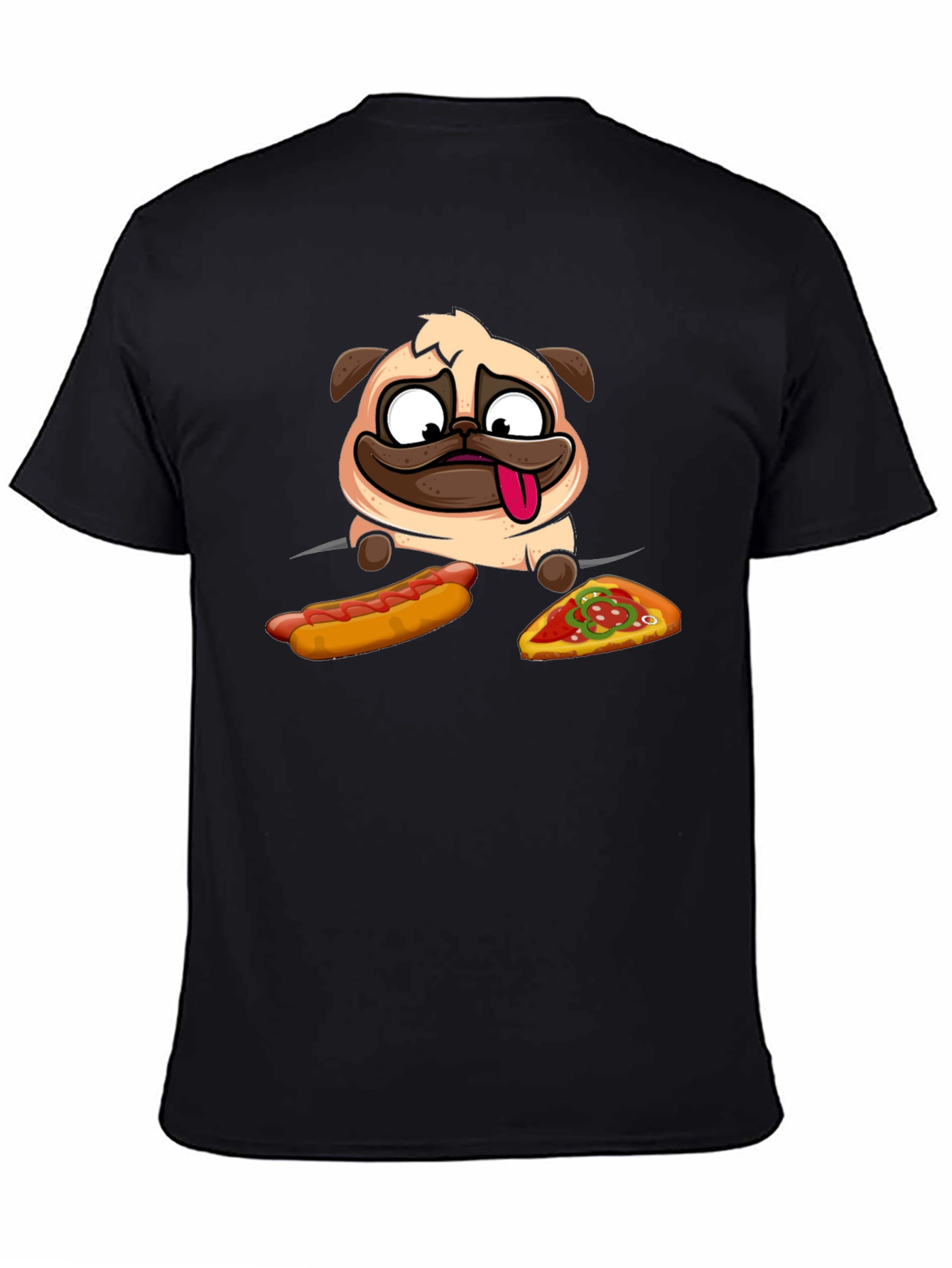 Pug Hotdog & Pizza Black Graphic T-Shirt