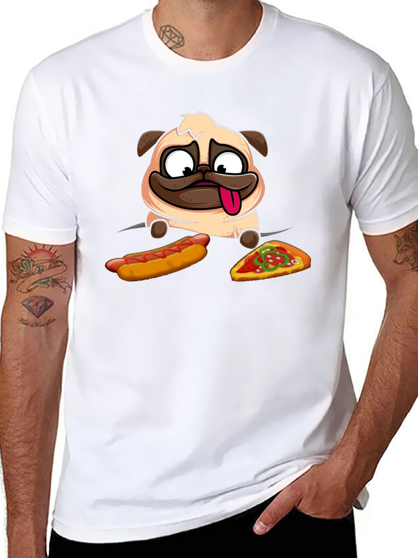 Pug Hotdog & Pizza Black Graphic T-Shirt