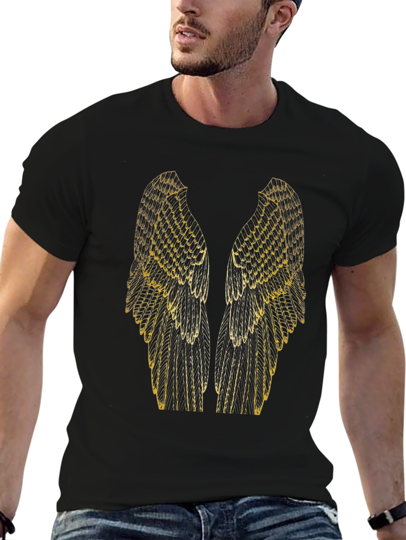 Gold Angel Wing Graphic Tee - Mens Black T-Shirt
