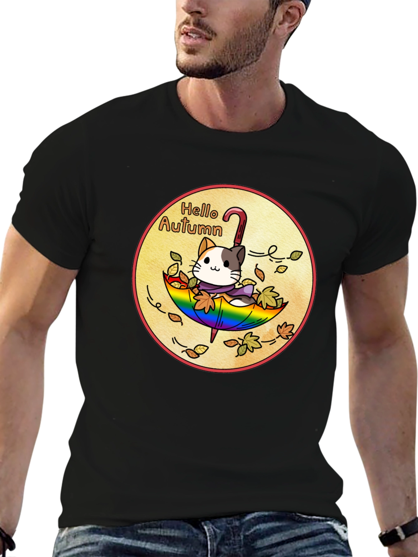 Autumn Cat Umbrella Graphic Tee - Unisex