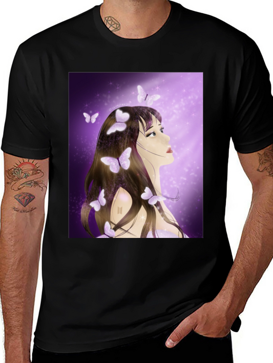 Girl with Butterfly T-Shirt - Artistic Graphic Tee