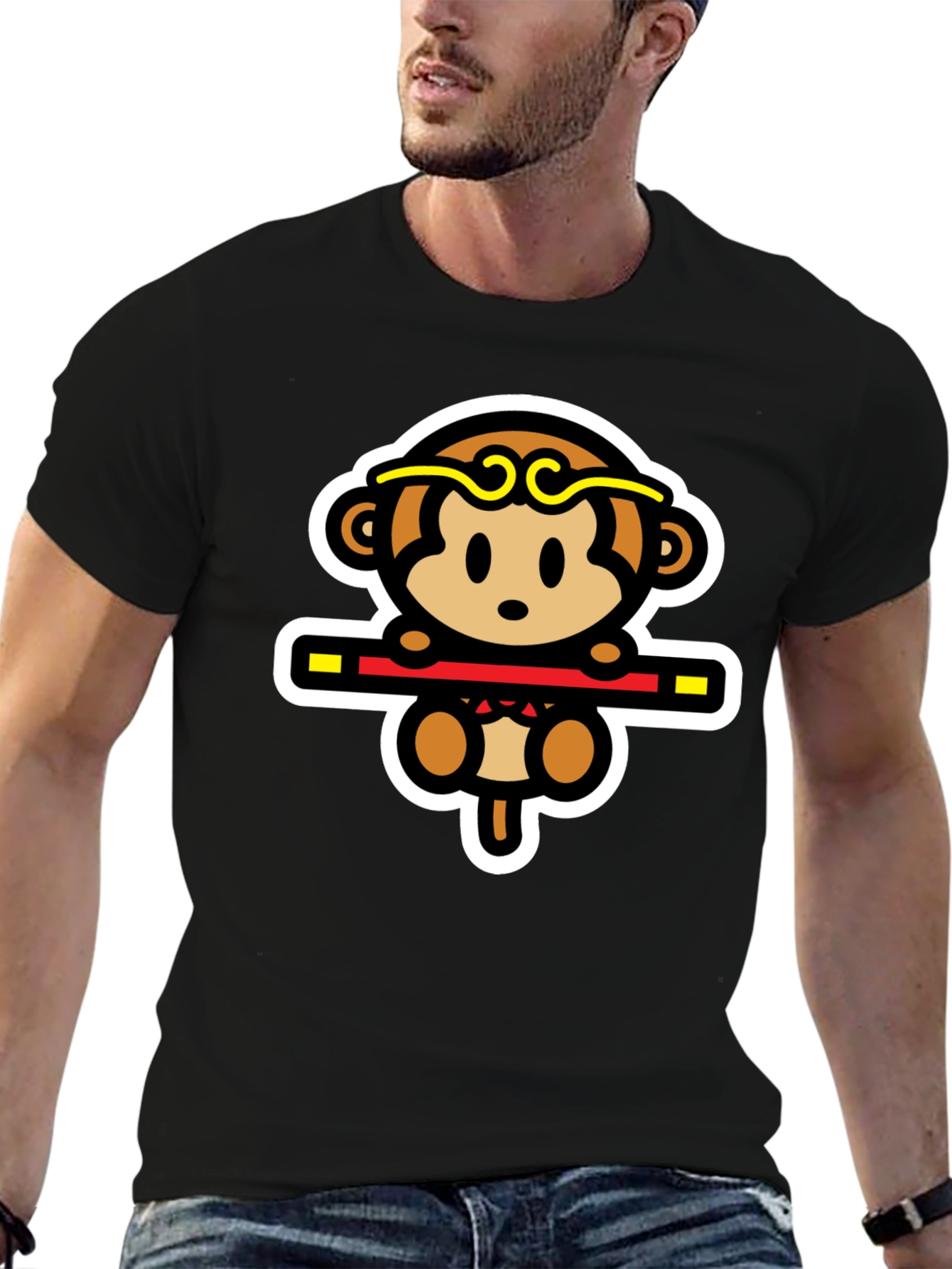 Monkey King Cartoon Graphic Tee - Black