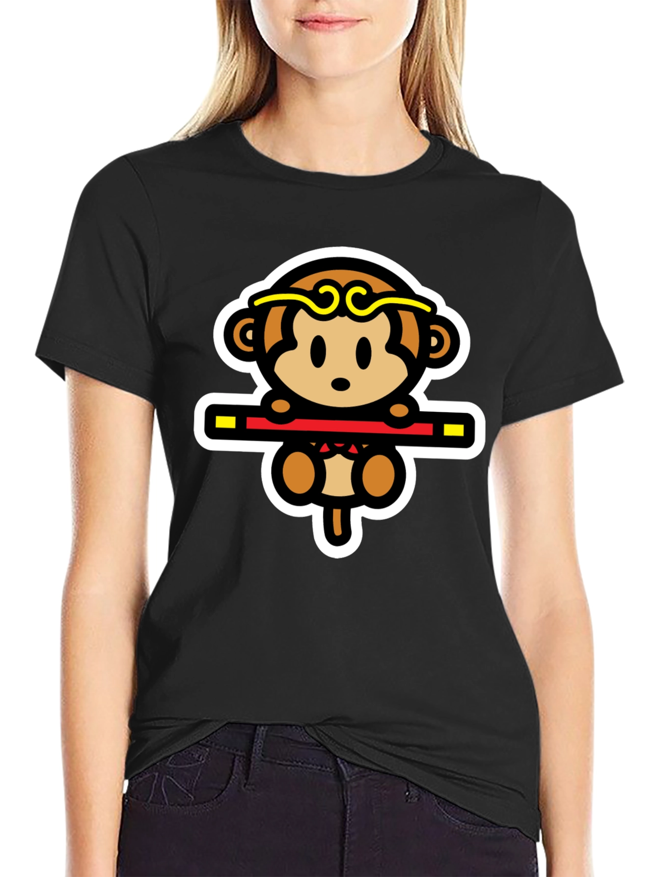 Monkey King Cartoon Graphic Tee - Black