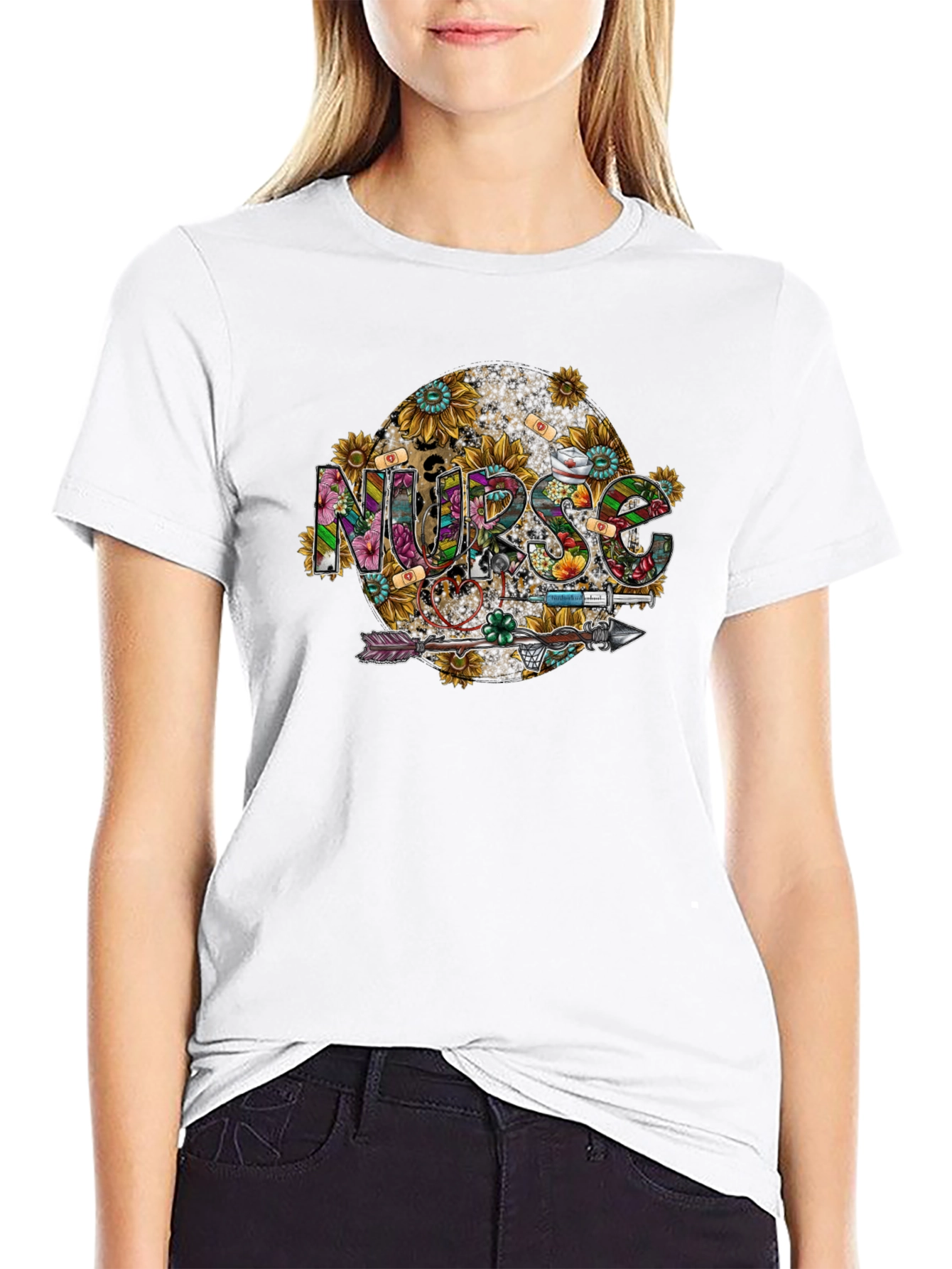 Nurse Sunflower Graphic Black T-Shirt