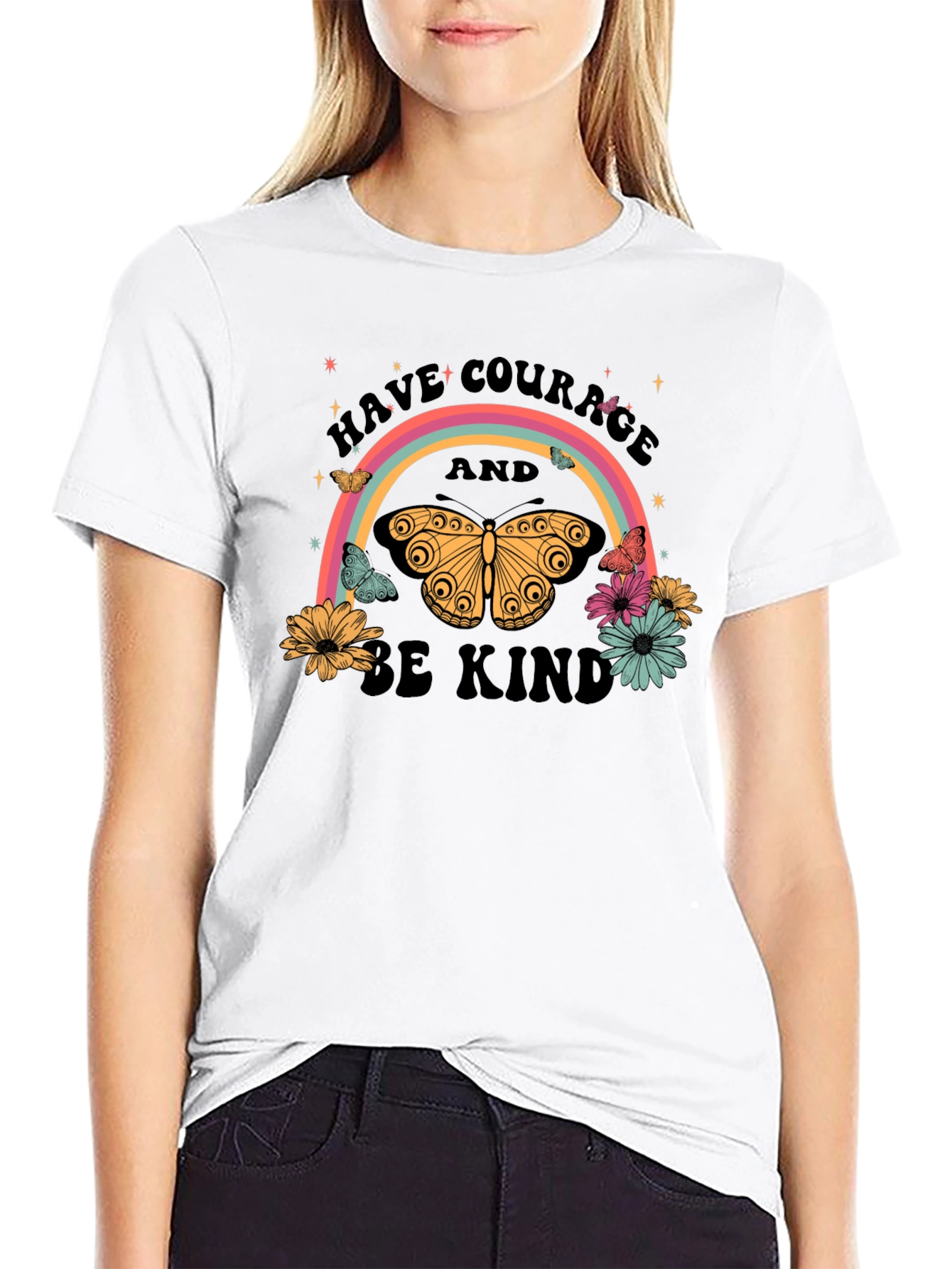 Courage and Kindness Butterfly Rainbow Graphic Tee