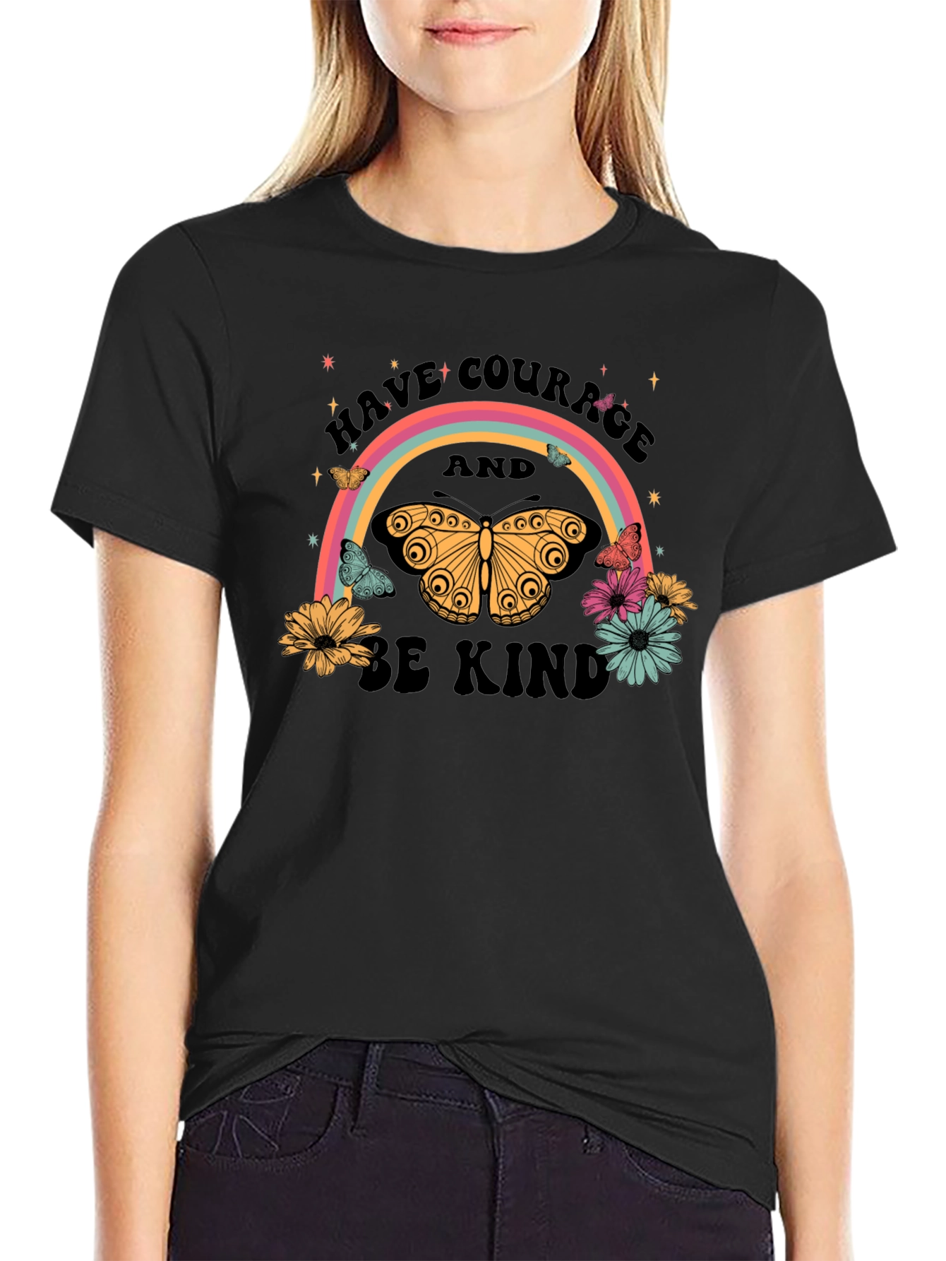 Courage and Kindness Butterfly Rainbow Graphic Tee