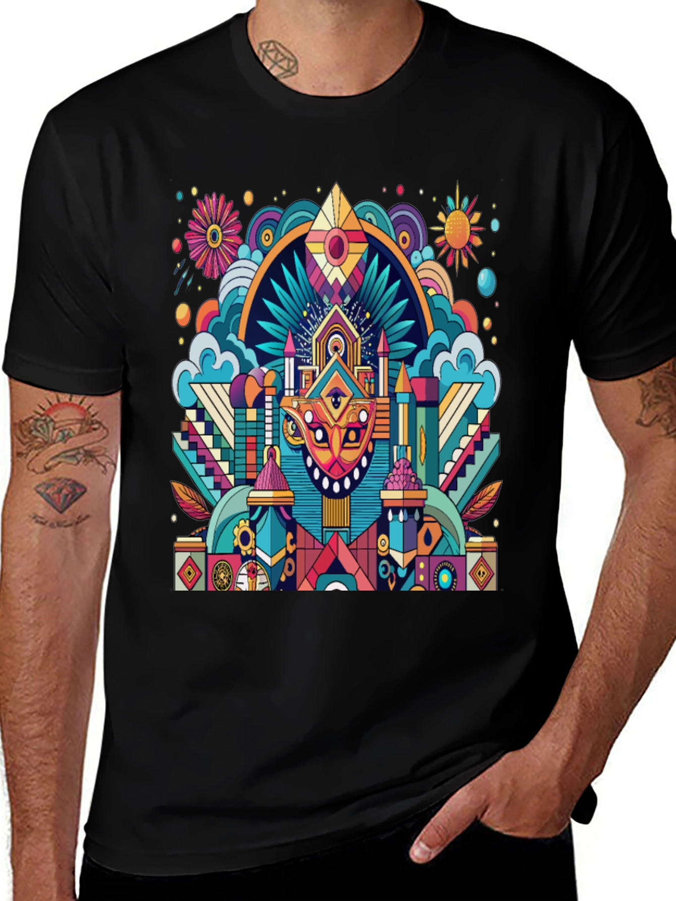 Vibrant Psychedelic Art Black T-Shirt