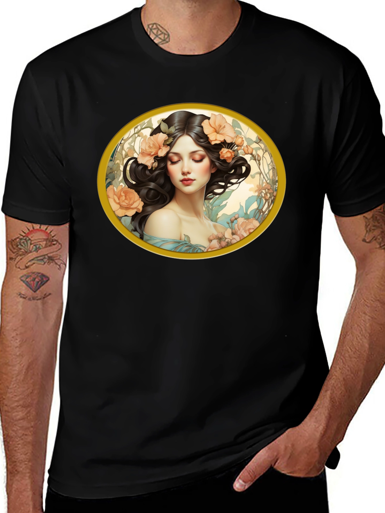 Floral Woman Graphic Black T-Shirt