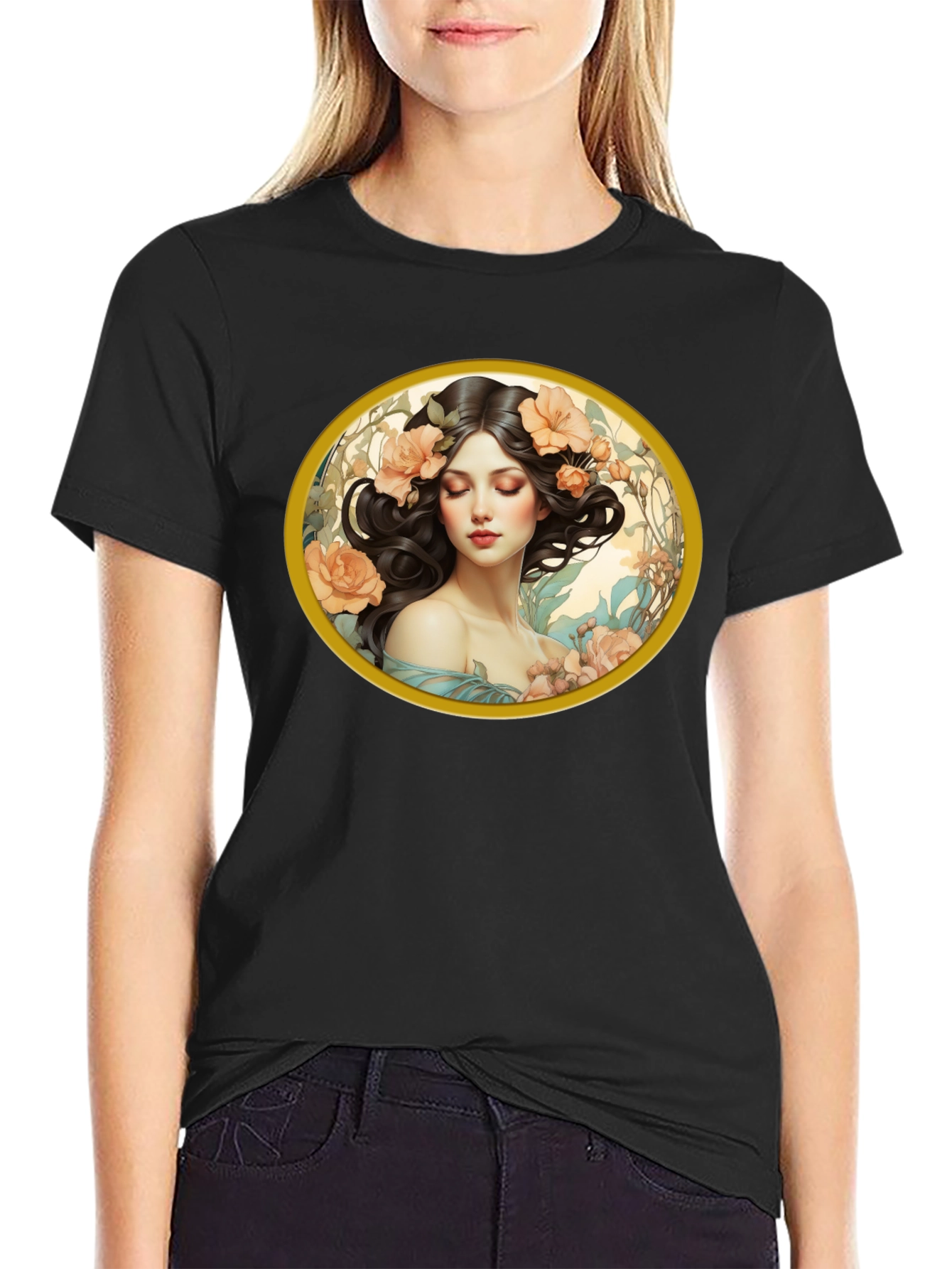 Floral Woman Graphic Black T-Shirt
