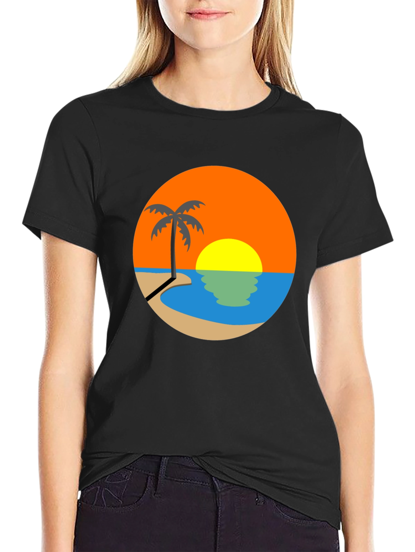 Sunset Beach Palm Tree Graphic Tee - Black