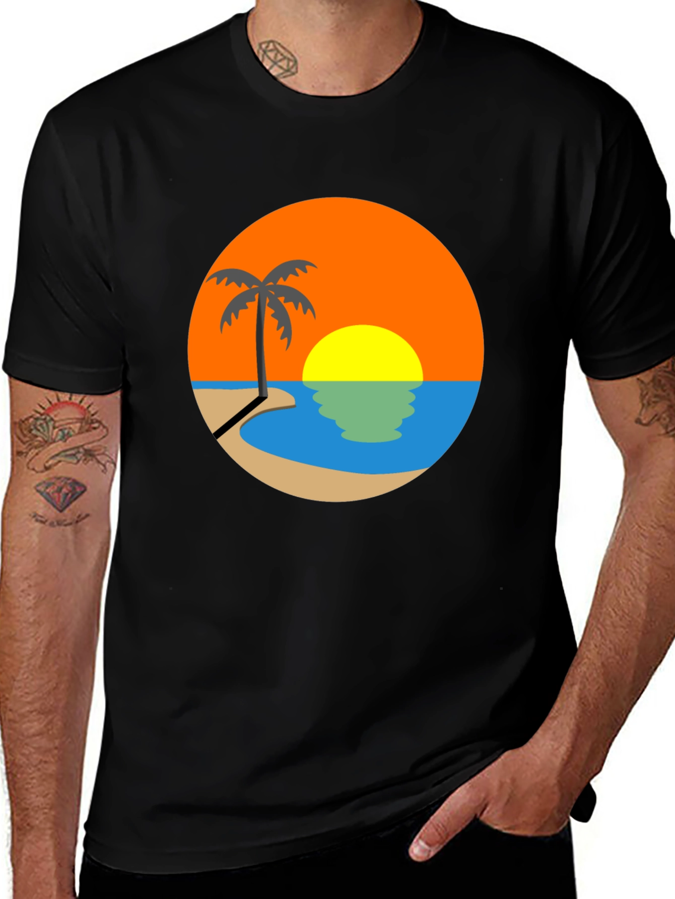 Sunset Beach Palm Tree Graphic Tee - Black
