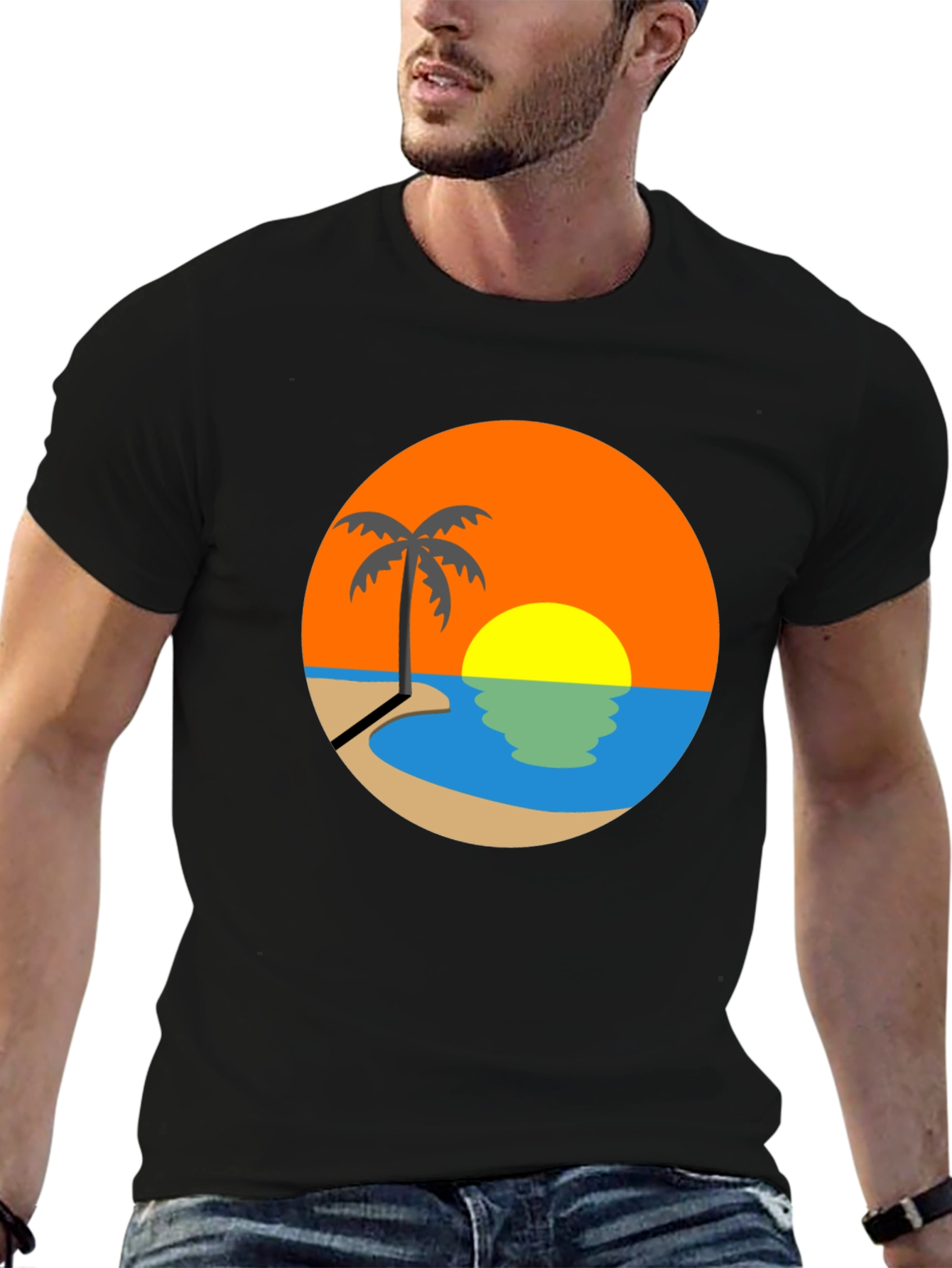 Sunset Beach Palm Tree Graphic Tee - Black