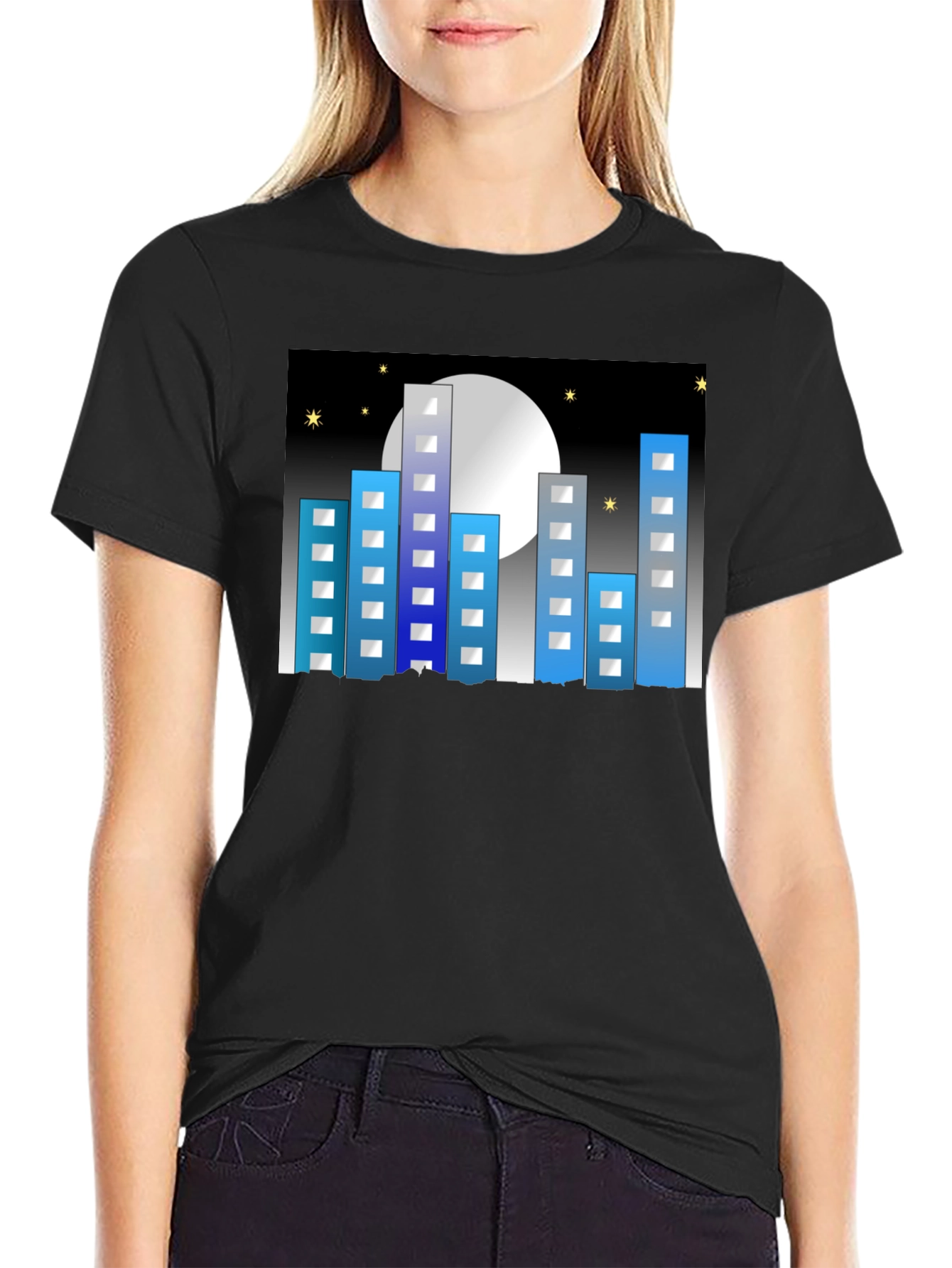 Cityscape Moon Graphic Tee - Black Cotton Blend