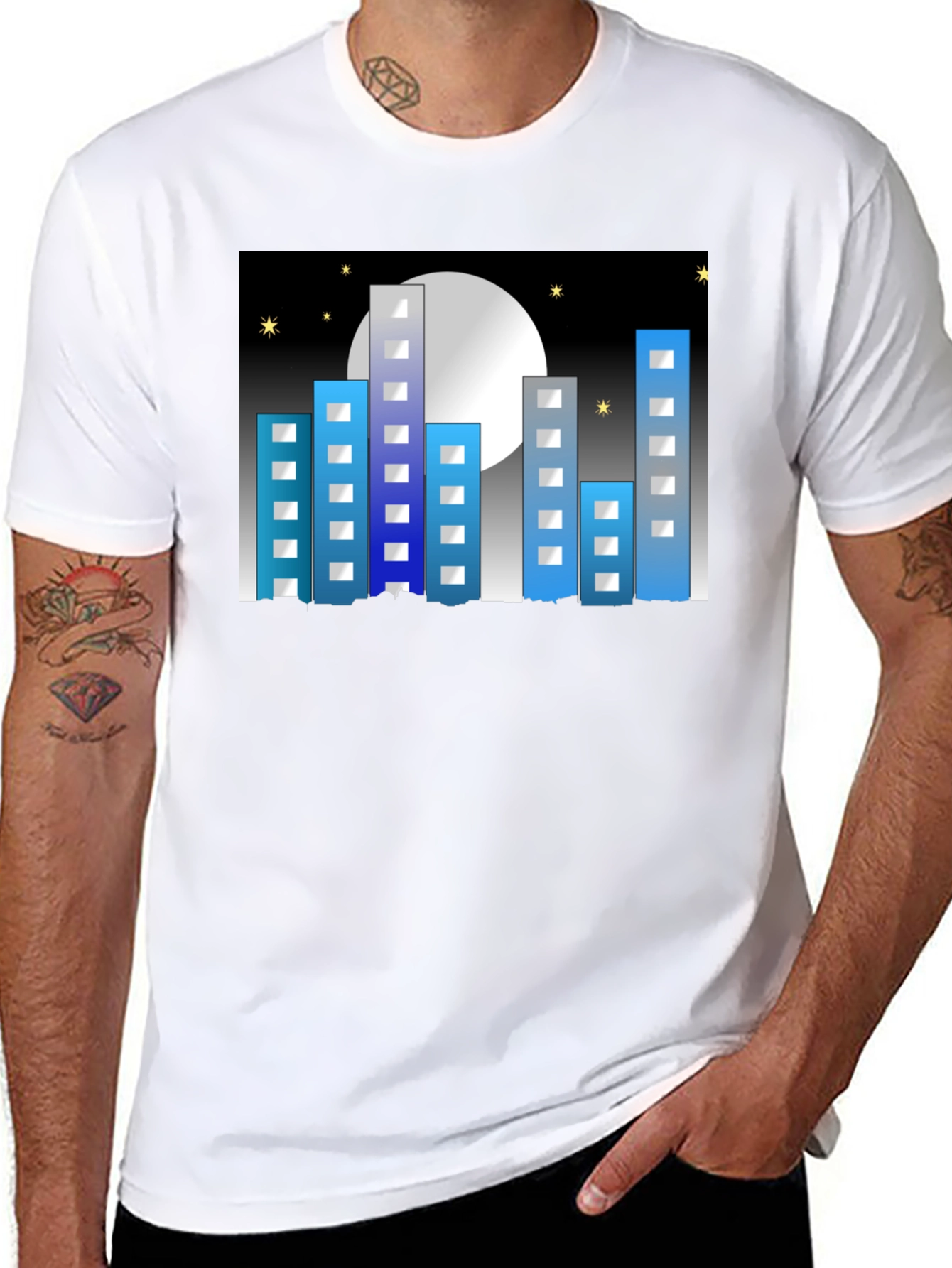 Cityscape Moon Graphic Tee - Black Cotton Blend