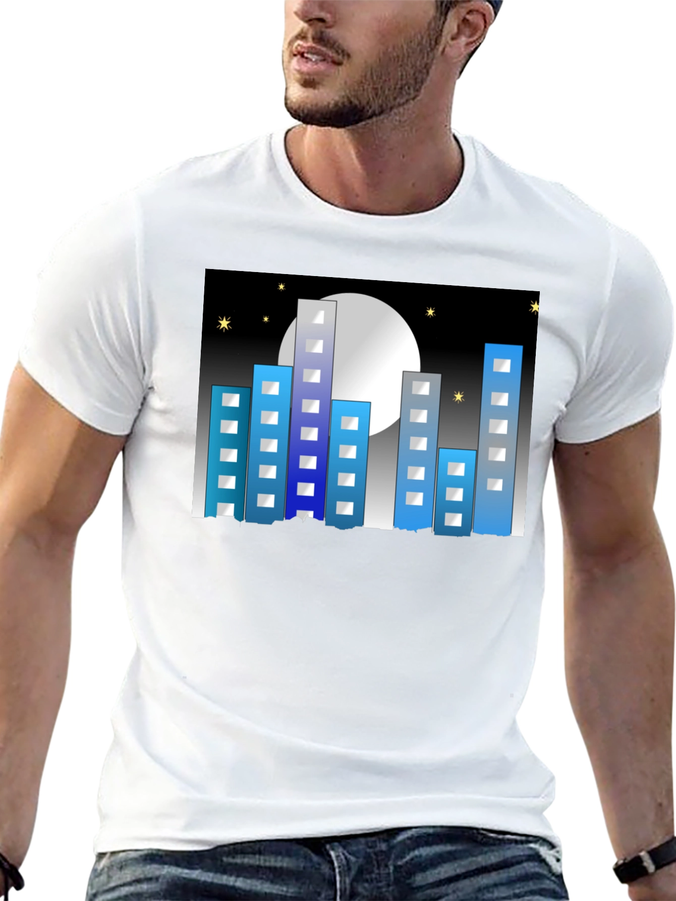 Cityscape Moon Graphic Tee - Black Cotton Blend