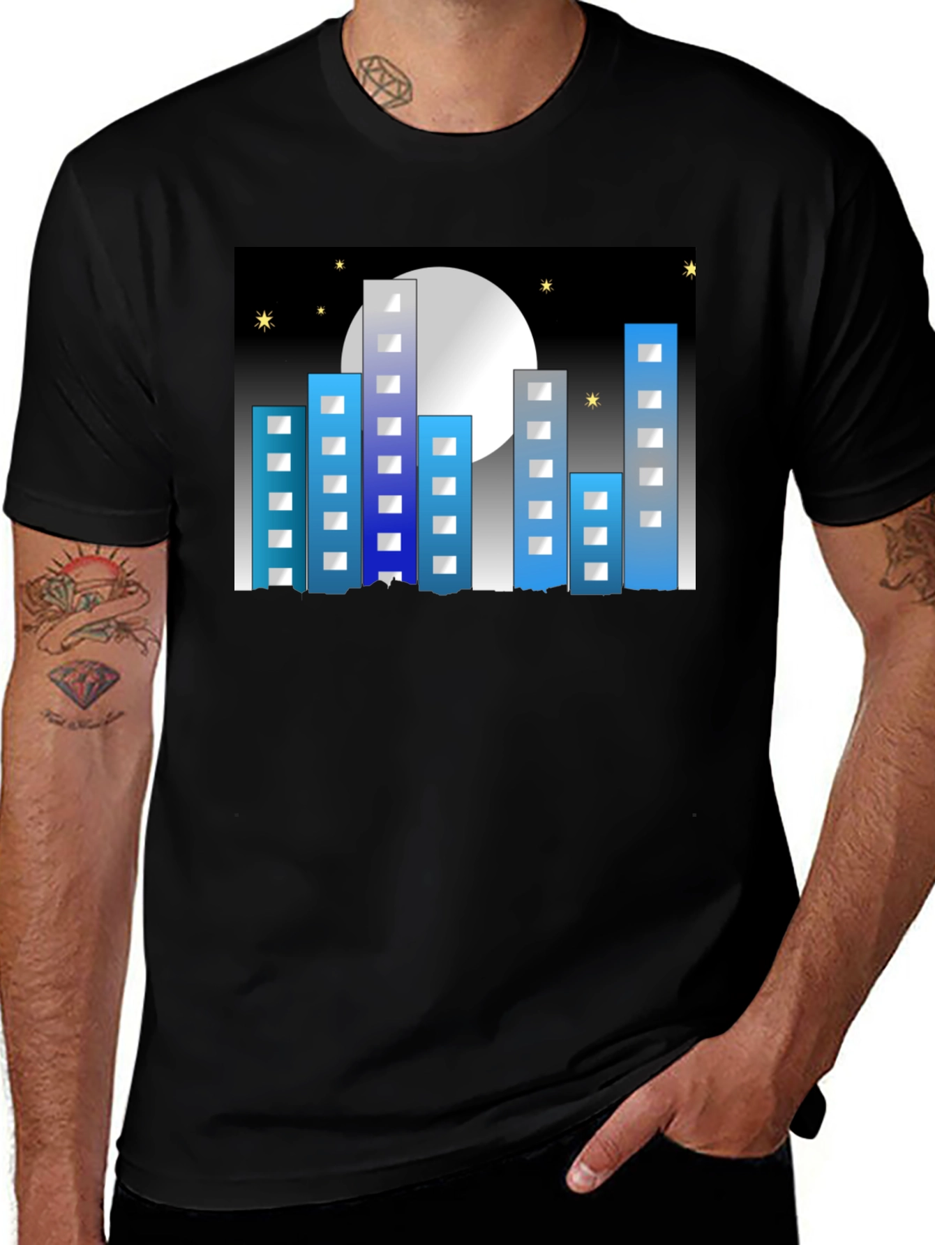 Cityscape Moon Graphic Tee - Black Cotton Blend