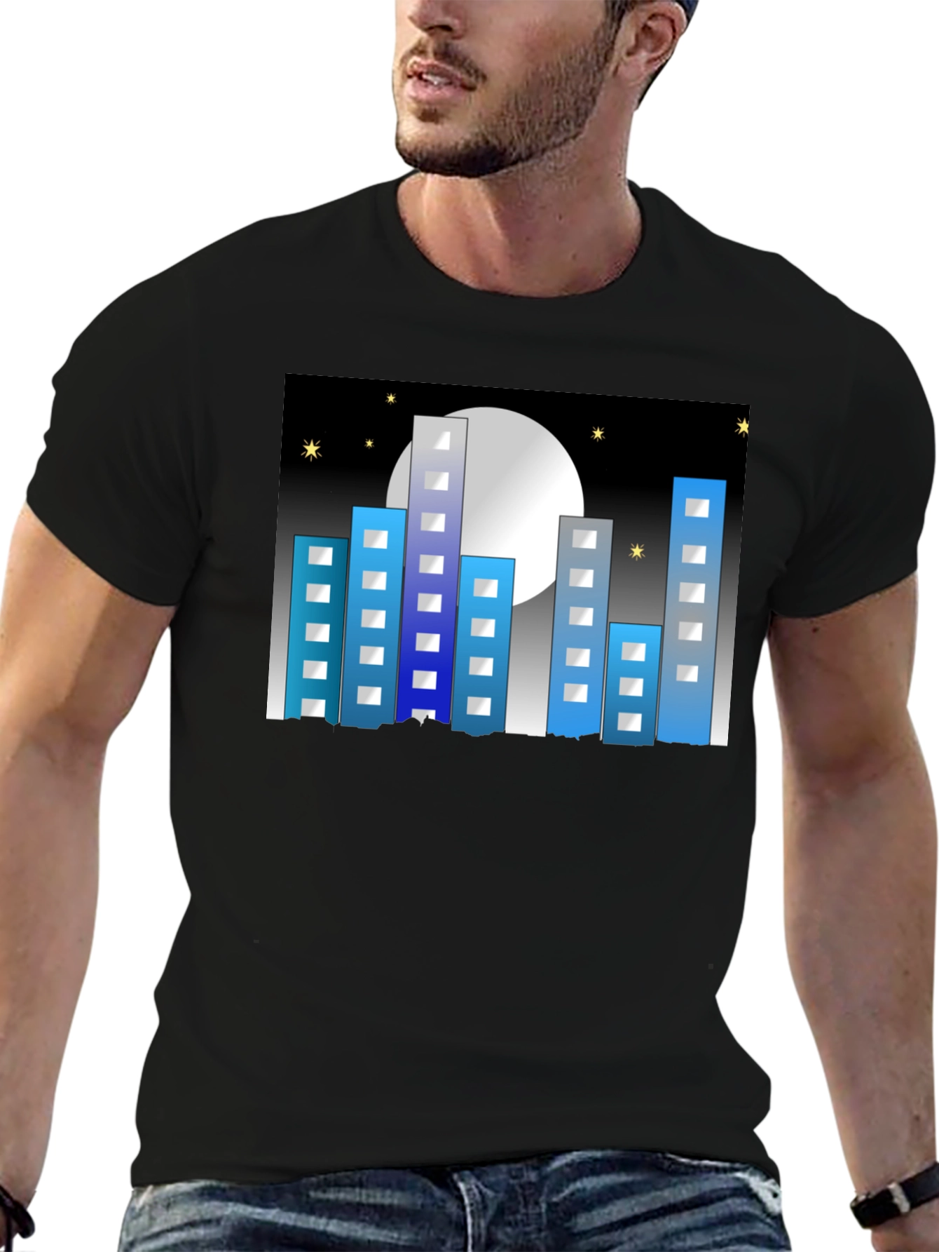 Cityscape Moon Graphic Tee - Black Cotton Blend