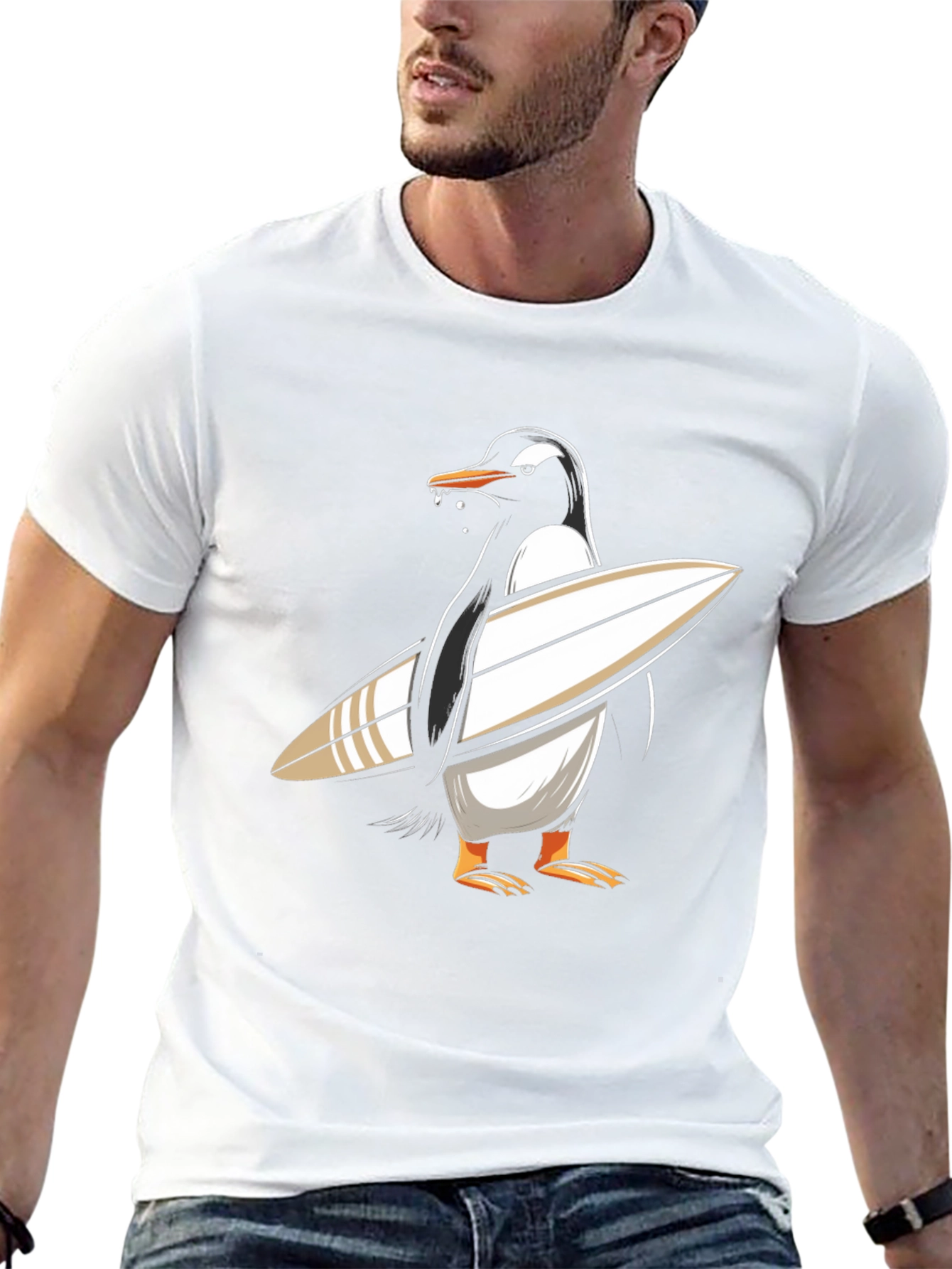 Surfing Penguin Graphic Tee - Black Cotton T-Shirt