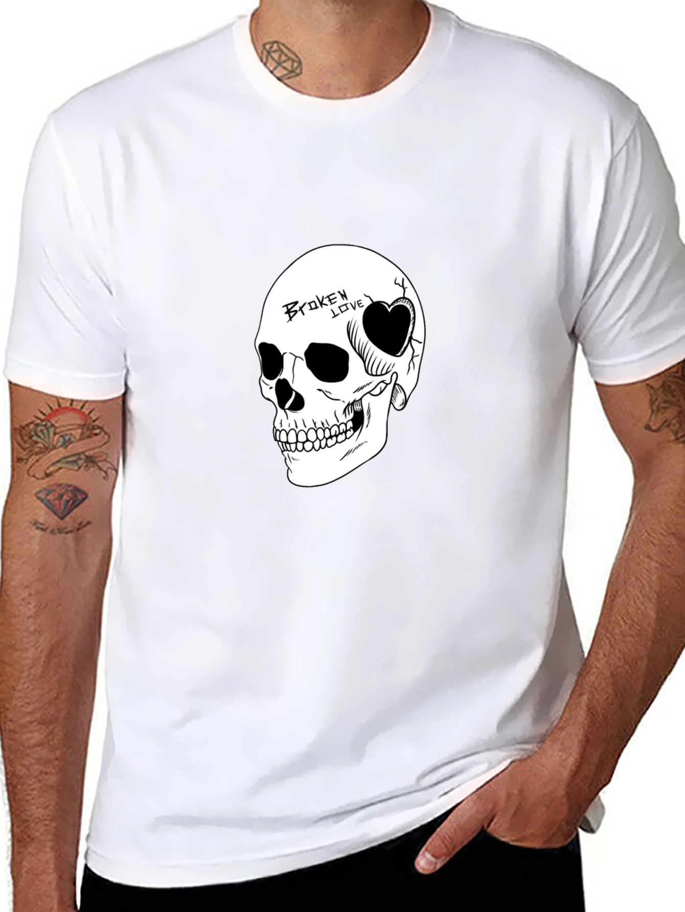 Skull Broken Love Graphic Print Mens Black T-Shirt