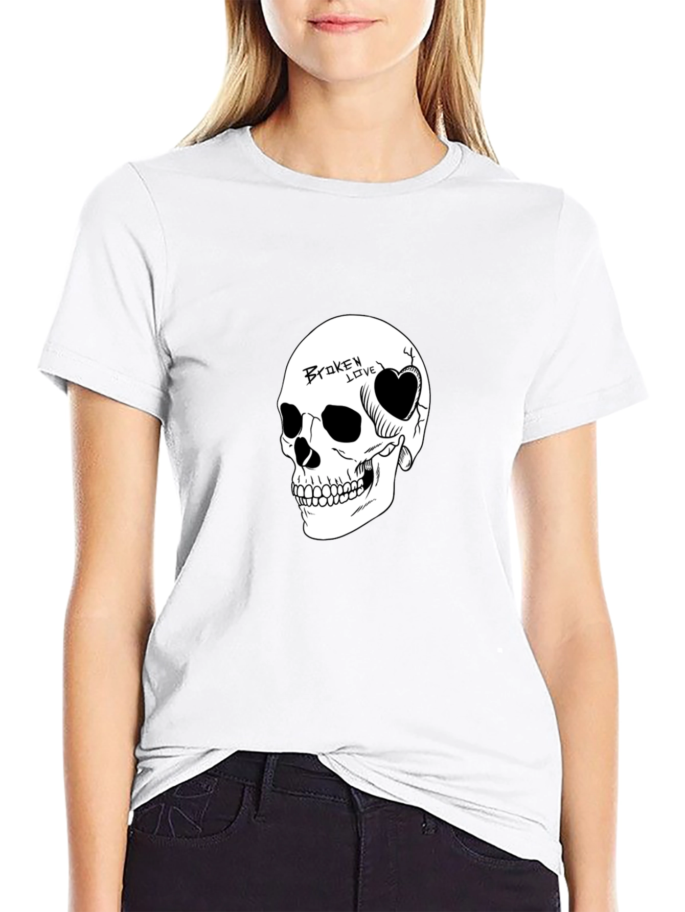 Skull Broken Love Graphic Print Mens Black T-Shirt