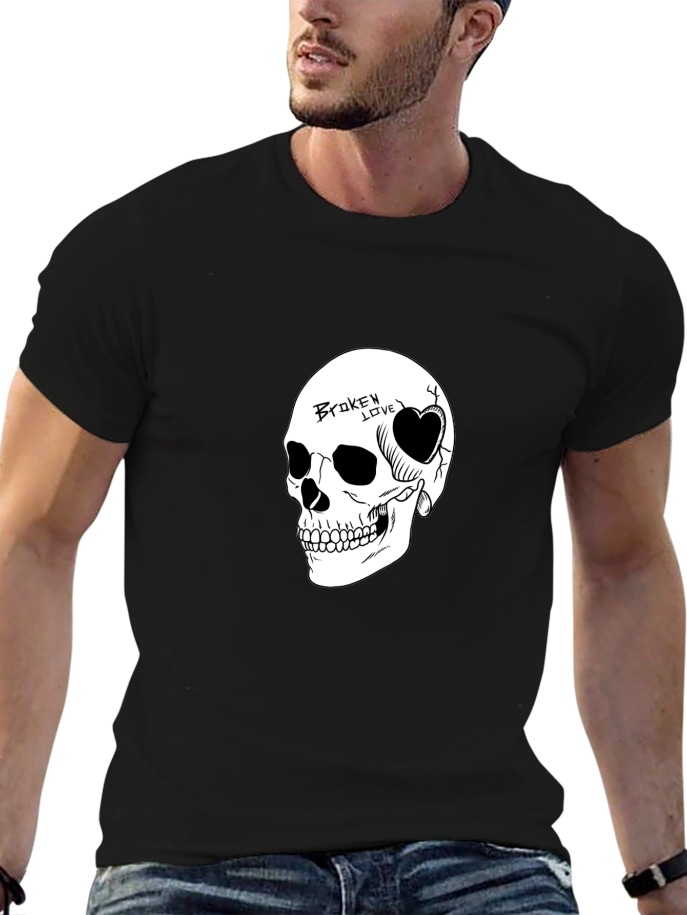 Skull Broken Love Graphic Print Mens Black T-Shirt