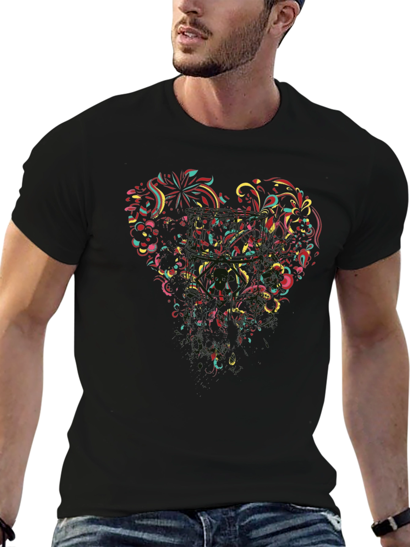 Floral Heart Graphic Black T-Shirt