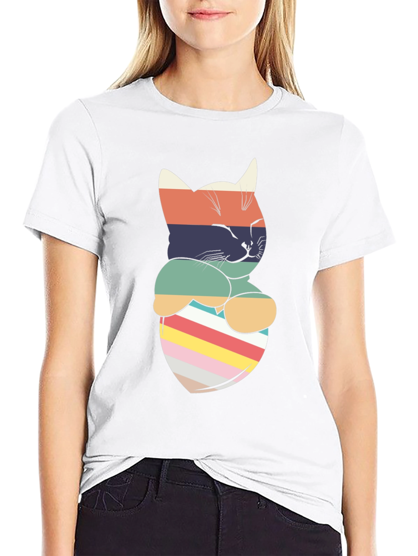 Retro Striped Cat Pocket T-Shirt
