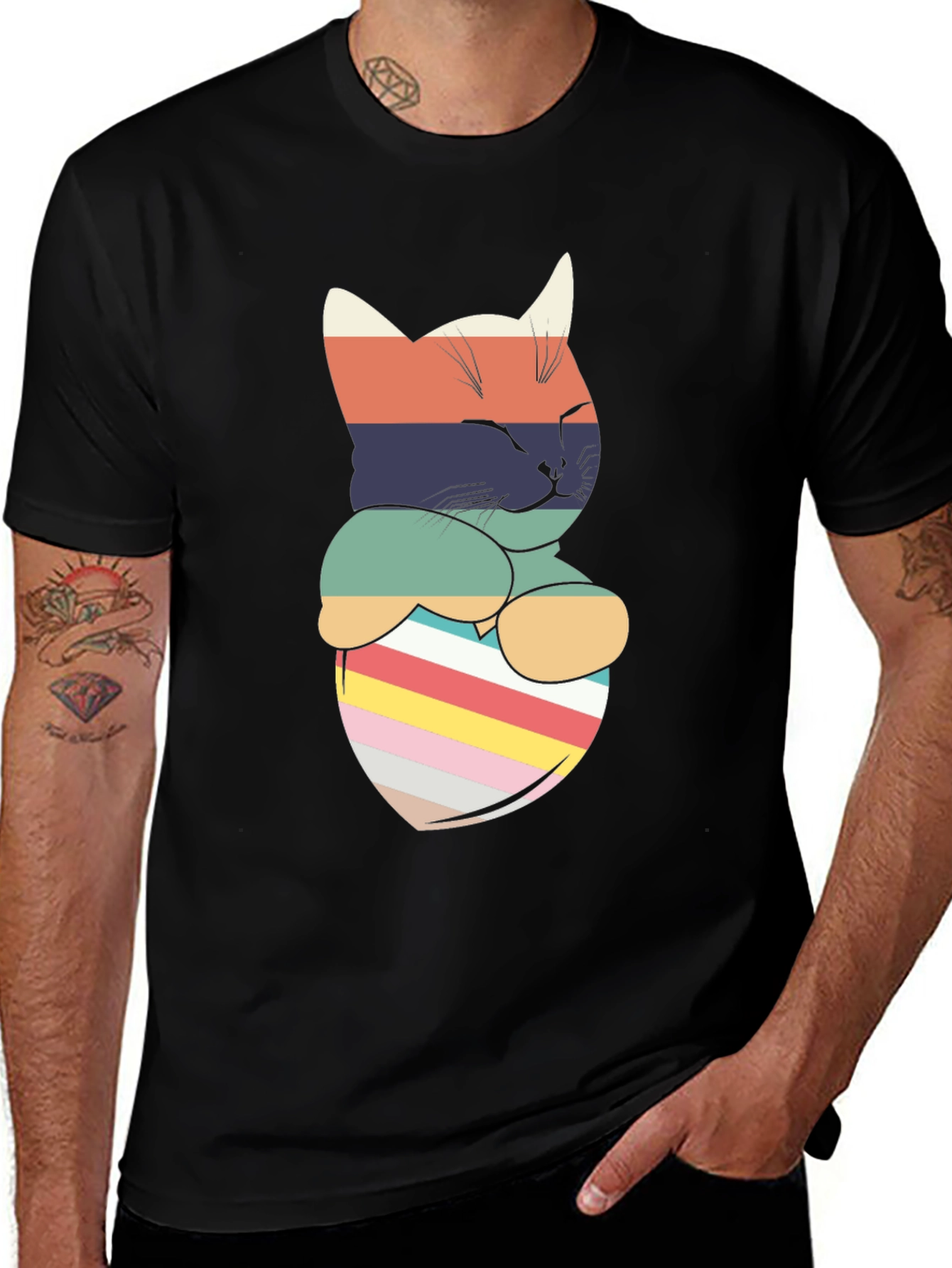 Retro Striped Cat Pocket T-Shirt