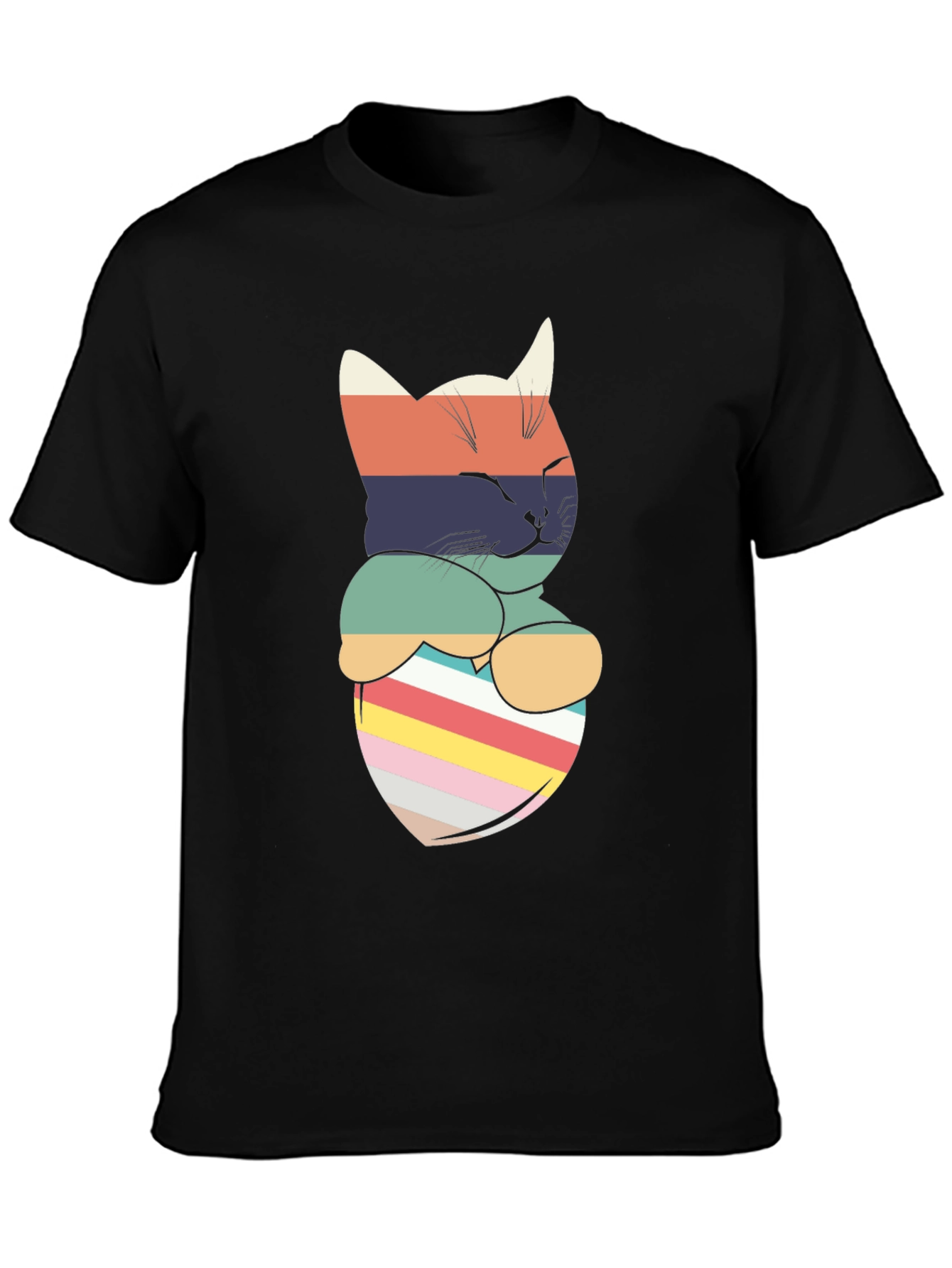 Retro Striped Cat Pocket T-Shirt
