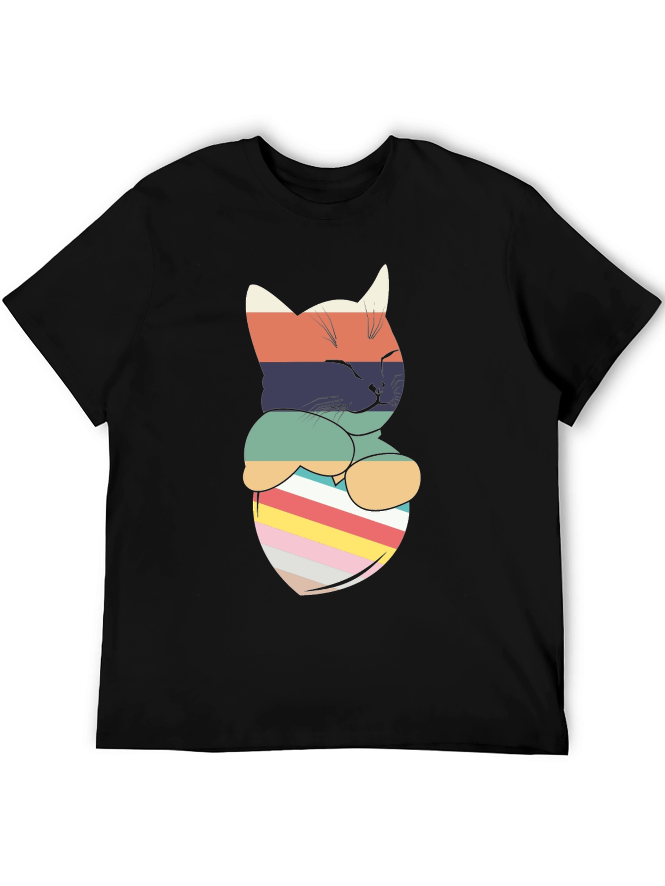 Retro Striped Cat Pocket T-Shirt